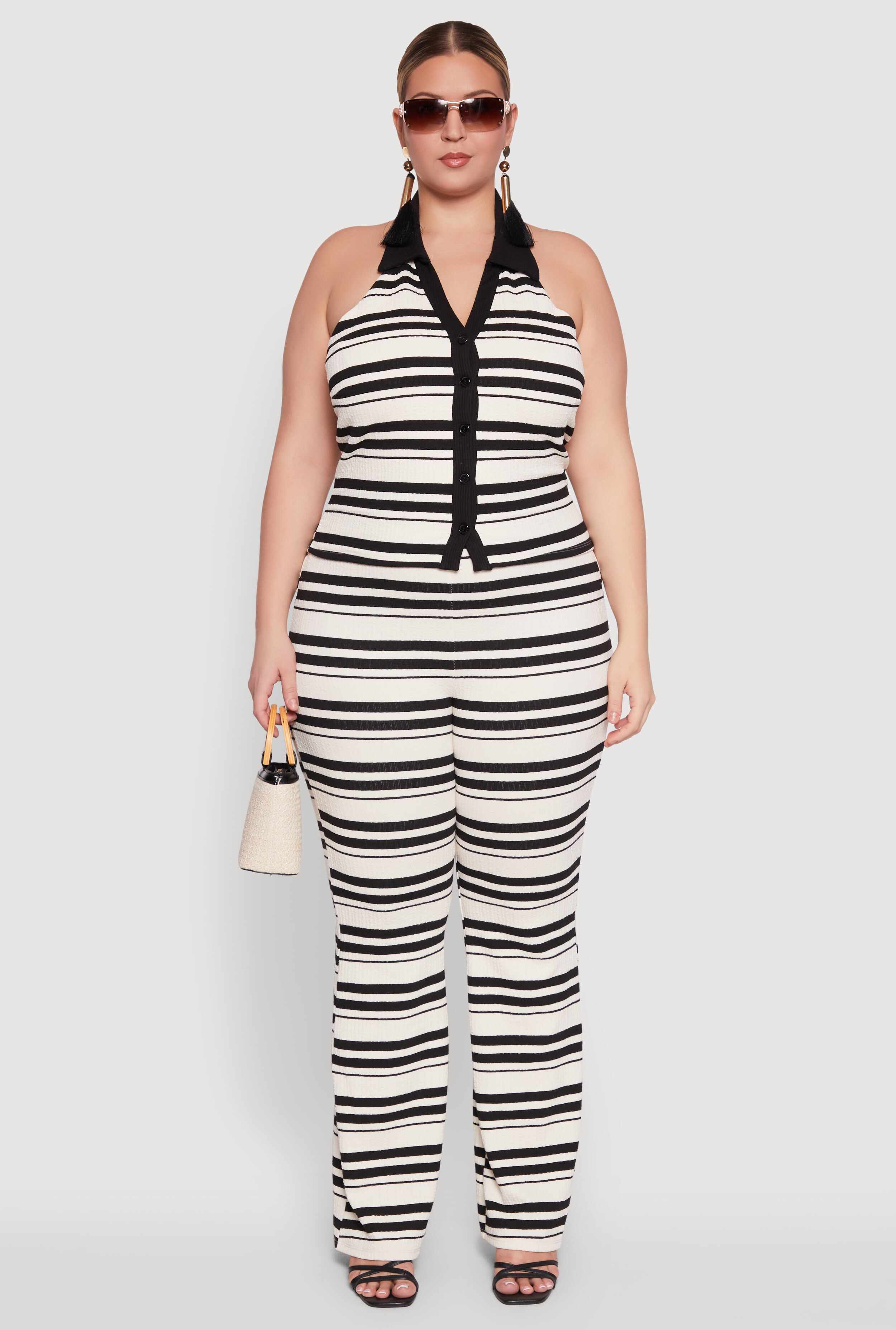 Plus Size Striped Sleeveless Blouse with Halter Neck and Contrast Trim