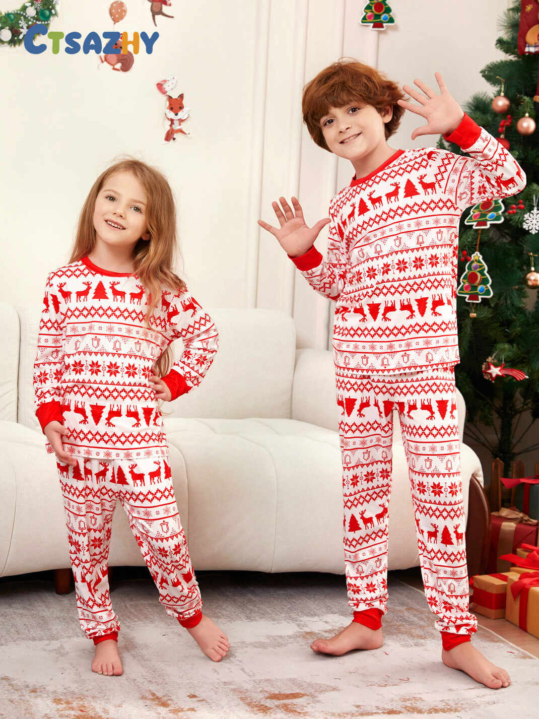 Moose Cartoon Printed Family Matching Christmas Pajamas Sets