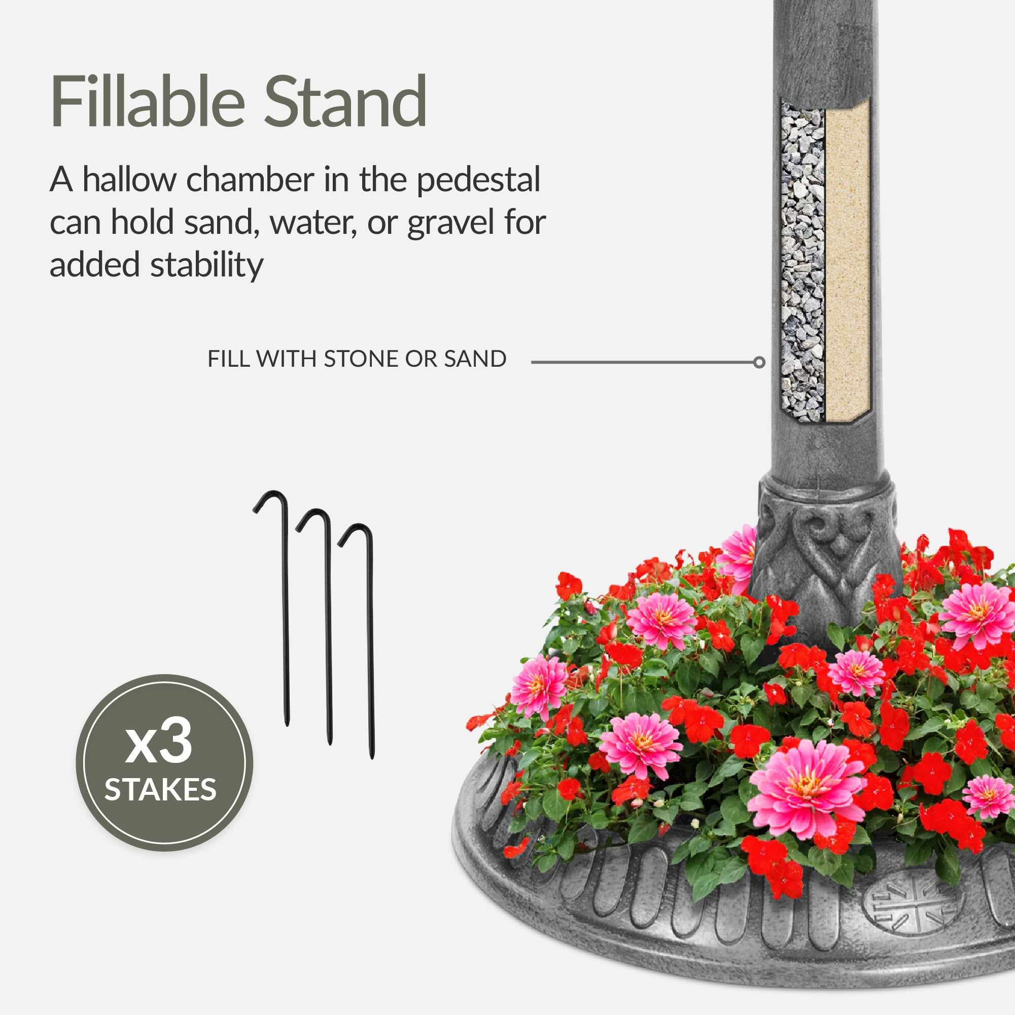Solar Lighted Outdoor Pedestal Bird Bath w/ Planter, Decorative Bird Cage
