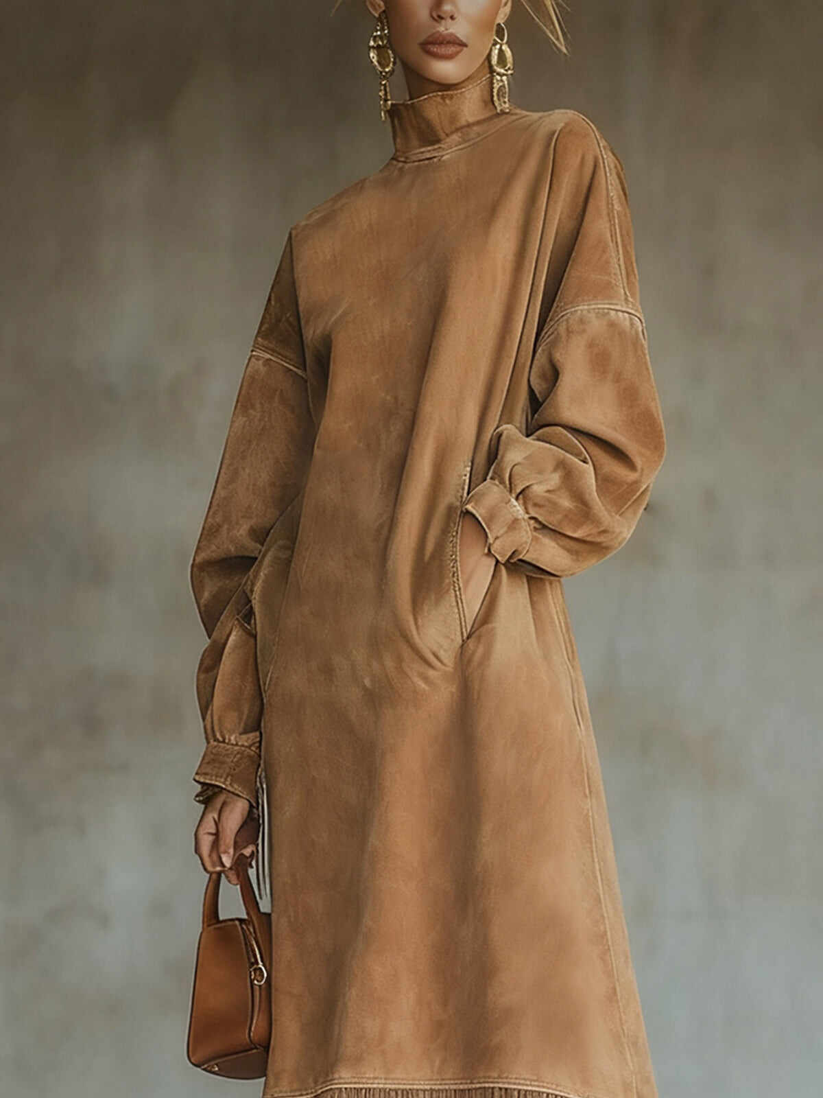 Khaki Square Suede Turtleneck Long Dress With Fringed Hem
