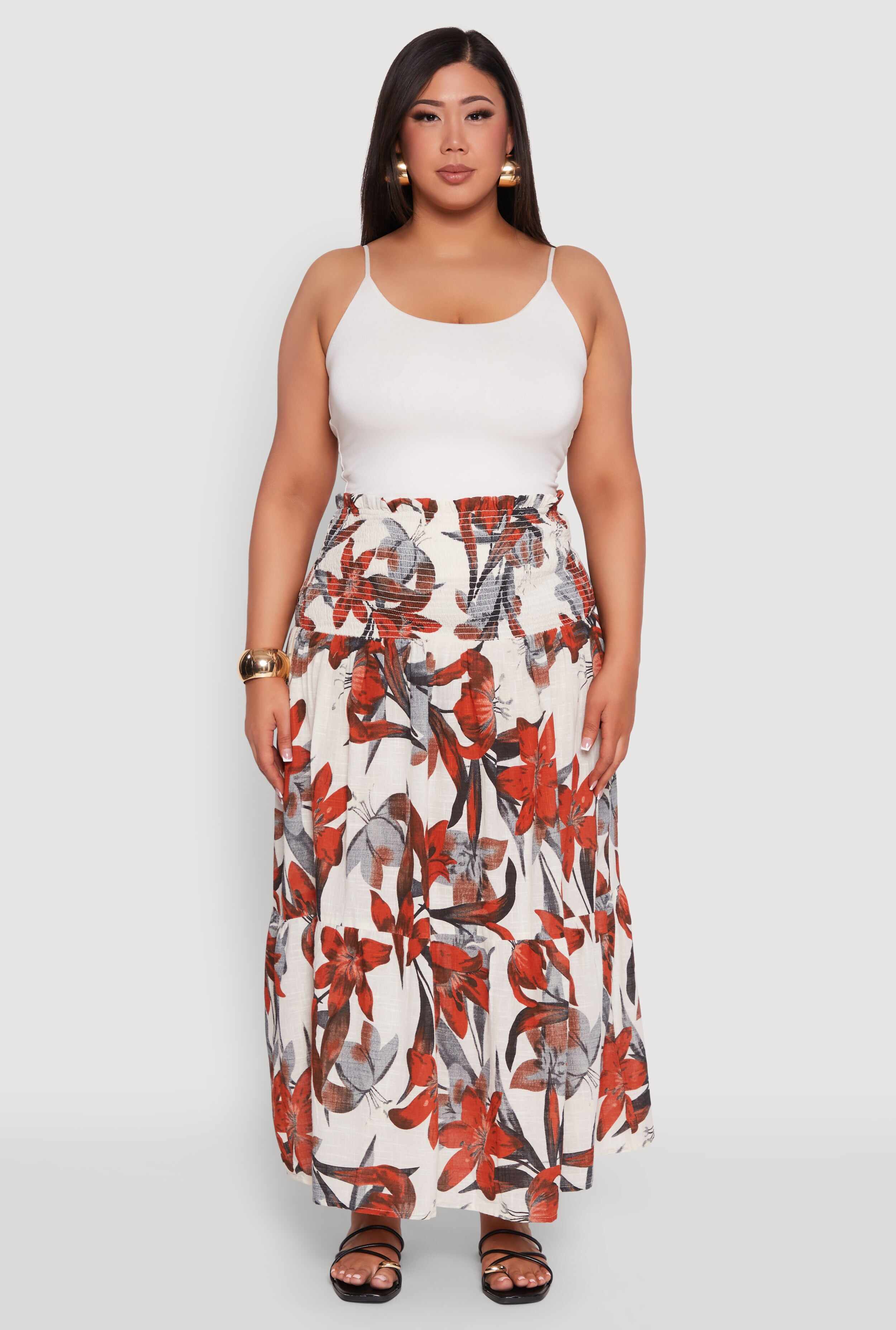 Plus Size Floral Print Smocked Tiered Midi Dress
