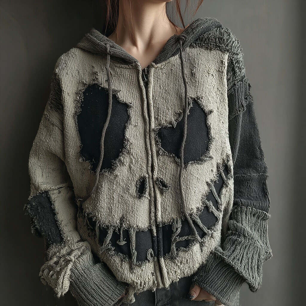 Halloween Spooky Smiley Face Knitted Warm Hooded Zip-up Sweater