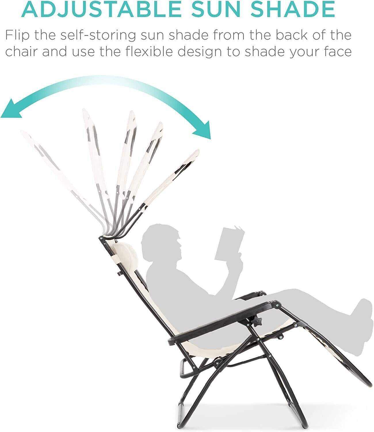 Folding Zero Gravity Recliner Patio Lounge Chair w/Adjustable Canopy Shade, Headrest, Side Accessory Tray, Textilene Mesh - Beige
