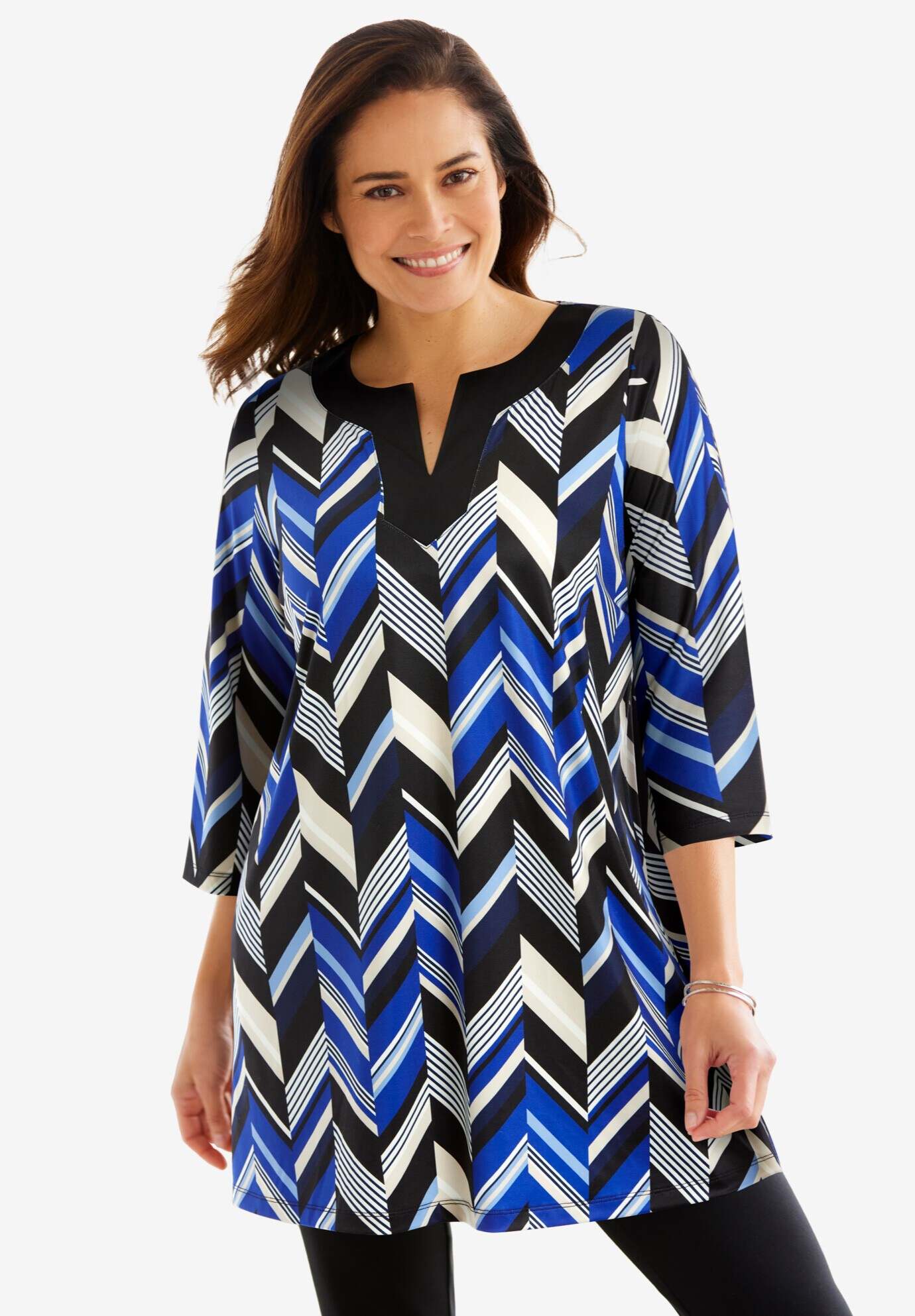 Contrast Notch-Neck Three-Quarter Sleeve Knit Tunic