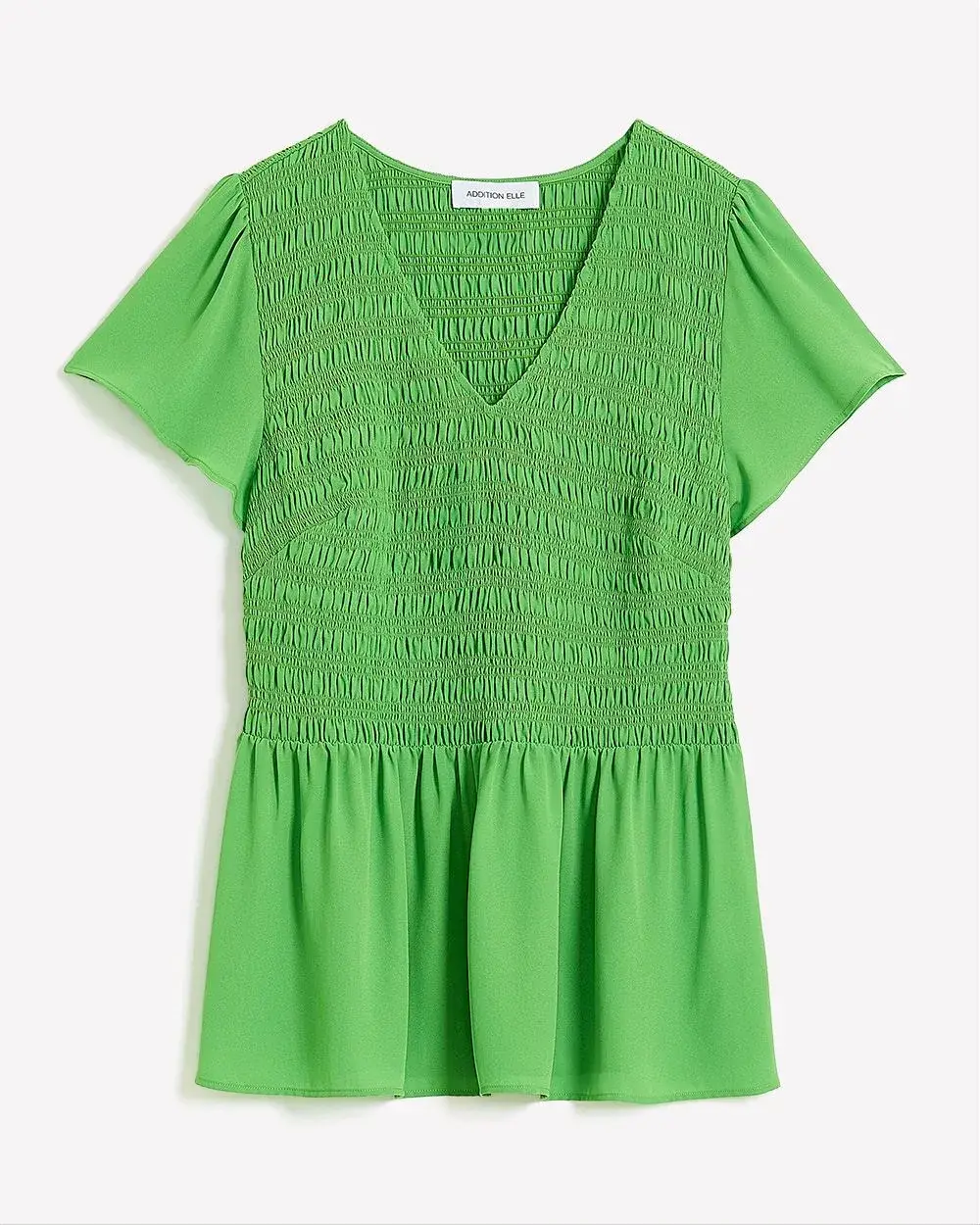 Blouse with Smocking, Short Flutter Sleeves - Addition Elle