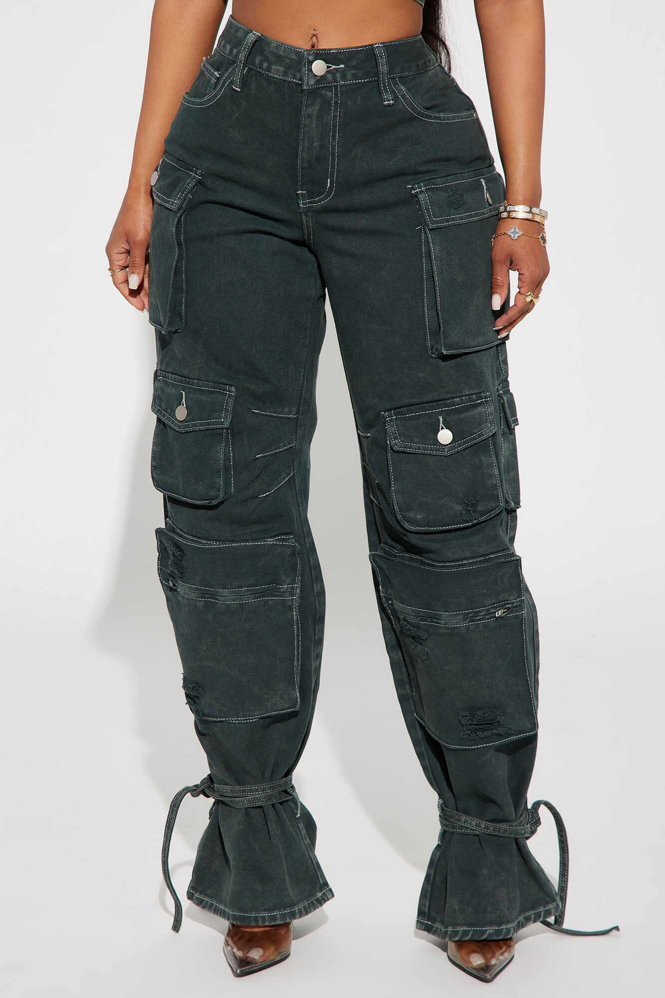 Billie Ripped Ankle Tie Cargo Jeans - Green
