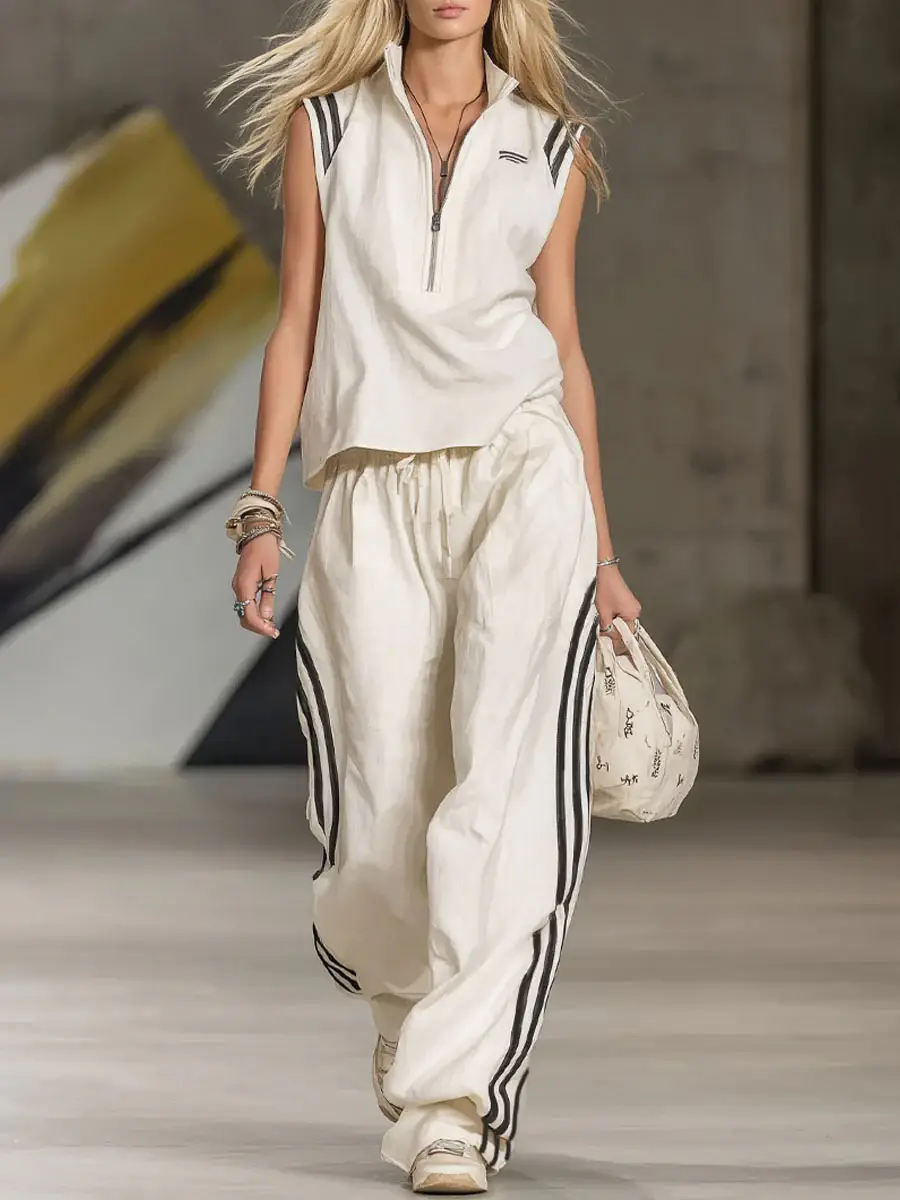 🔥Summer Arrivals🌟Women's Casual Patchwork Striped Zip-up Top And Pants Two-piece Set