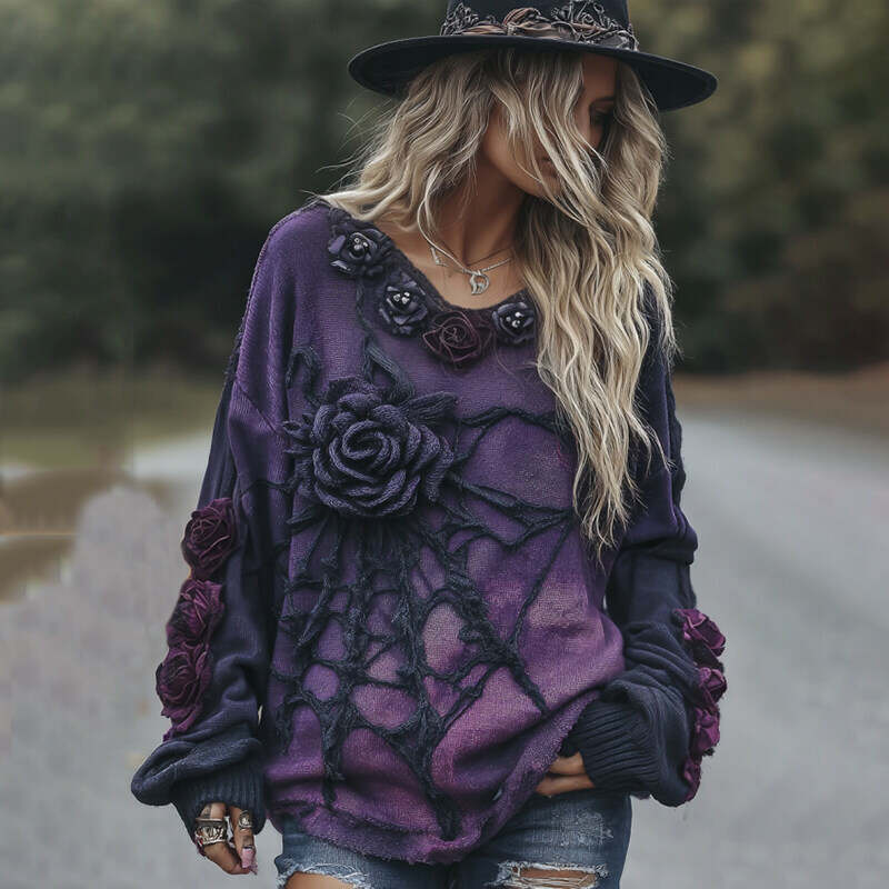 Vintage Halloween Black And Purple Rose Art Cozy Knit Sweater