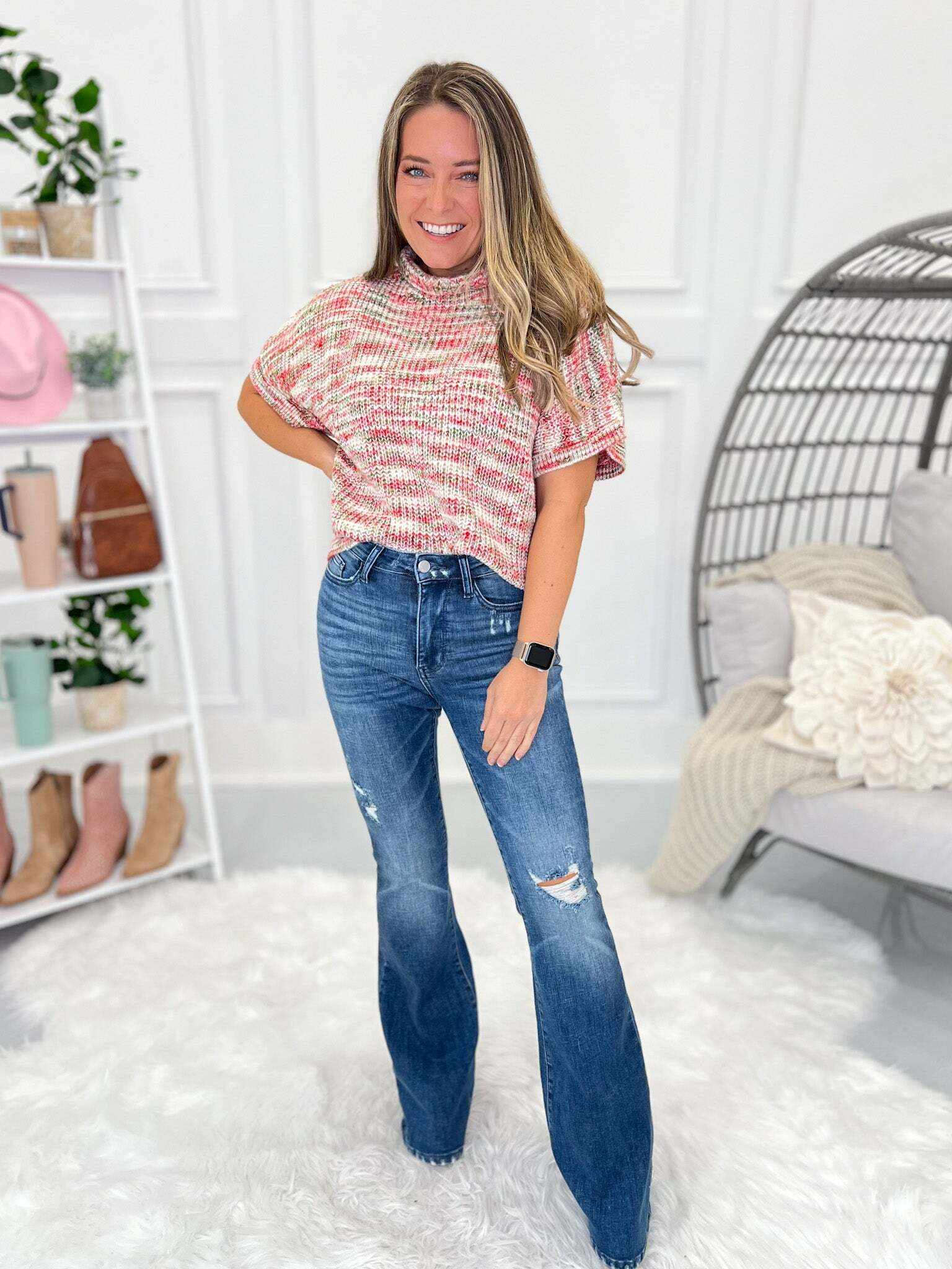 Head Over Heels - Christmas Distressed Flare Jeans- Final Sale