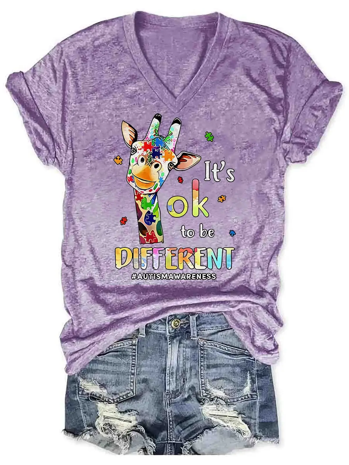 Retro Autism Awareness Giraffe It's Ok To Be Different Casual Print T-shirt