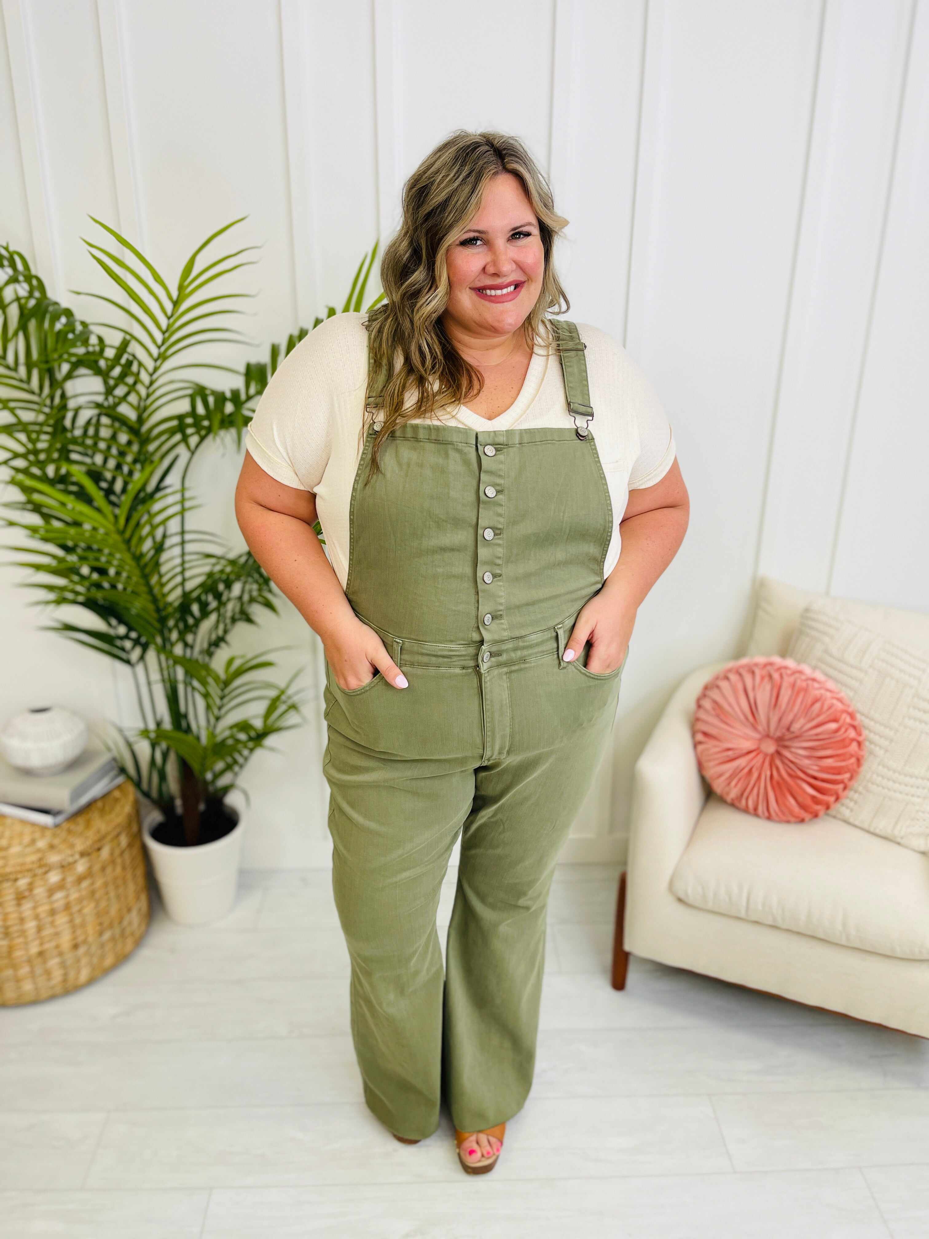 REG/CURVY Can't Olive Without You Tummy Control Flare Overalls