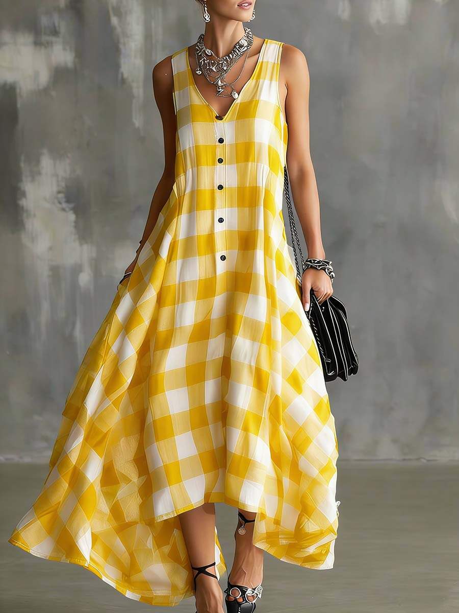 🔥Summer Arrivals🌟Women's V-neck Sleeveless Plaid Print Casual Loose Cotton Linen Dress