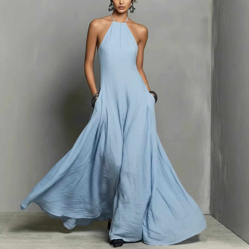 Cotton And Linen Blend Simple Backless Sleeveless Long Dress