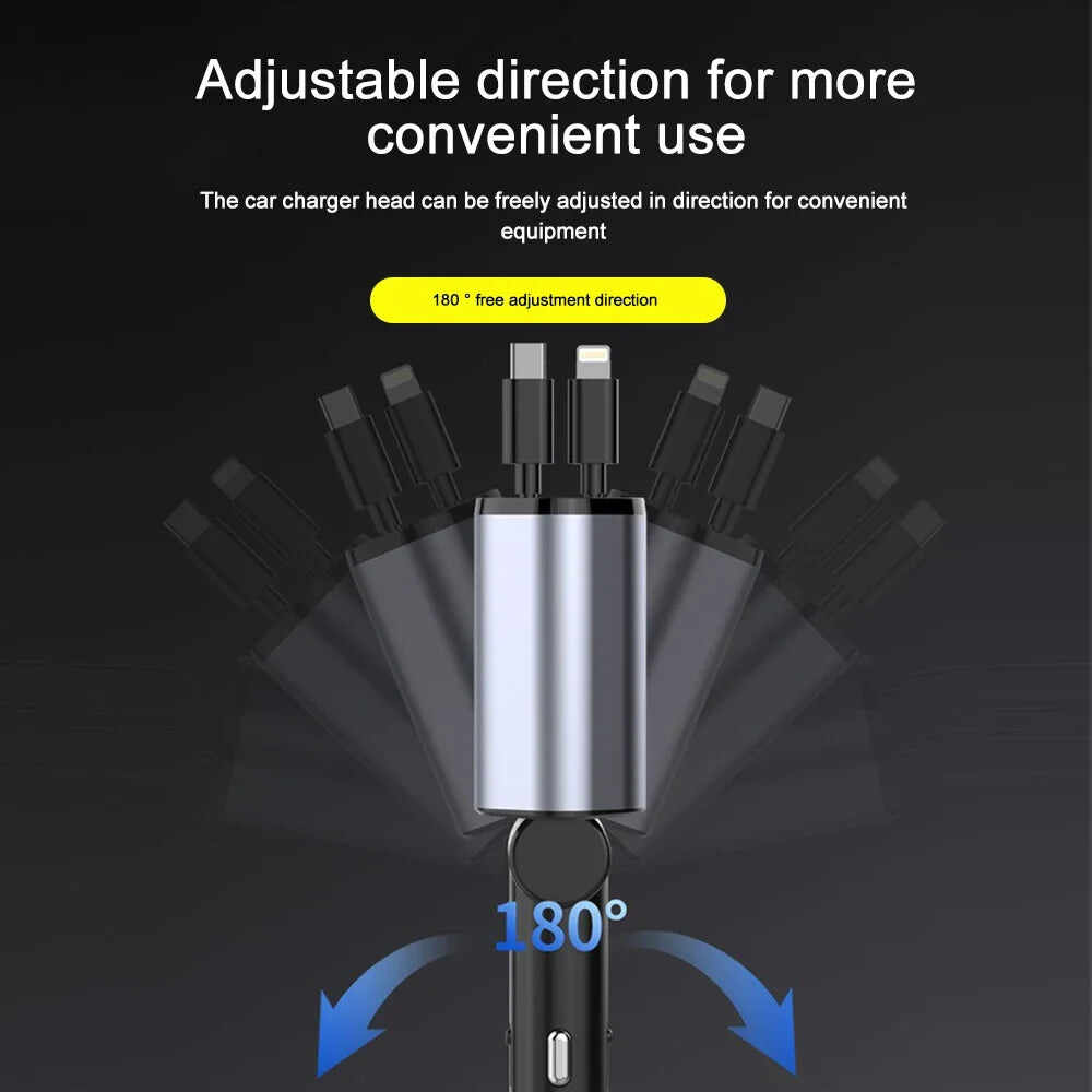 120W Fast Car Charger - 4-Device USB-C & Lightning with Retractable Cables