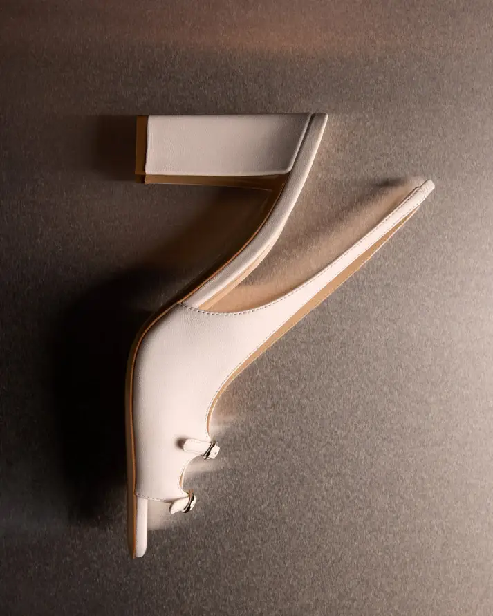 White Leather Slingback Block Heels
