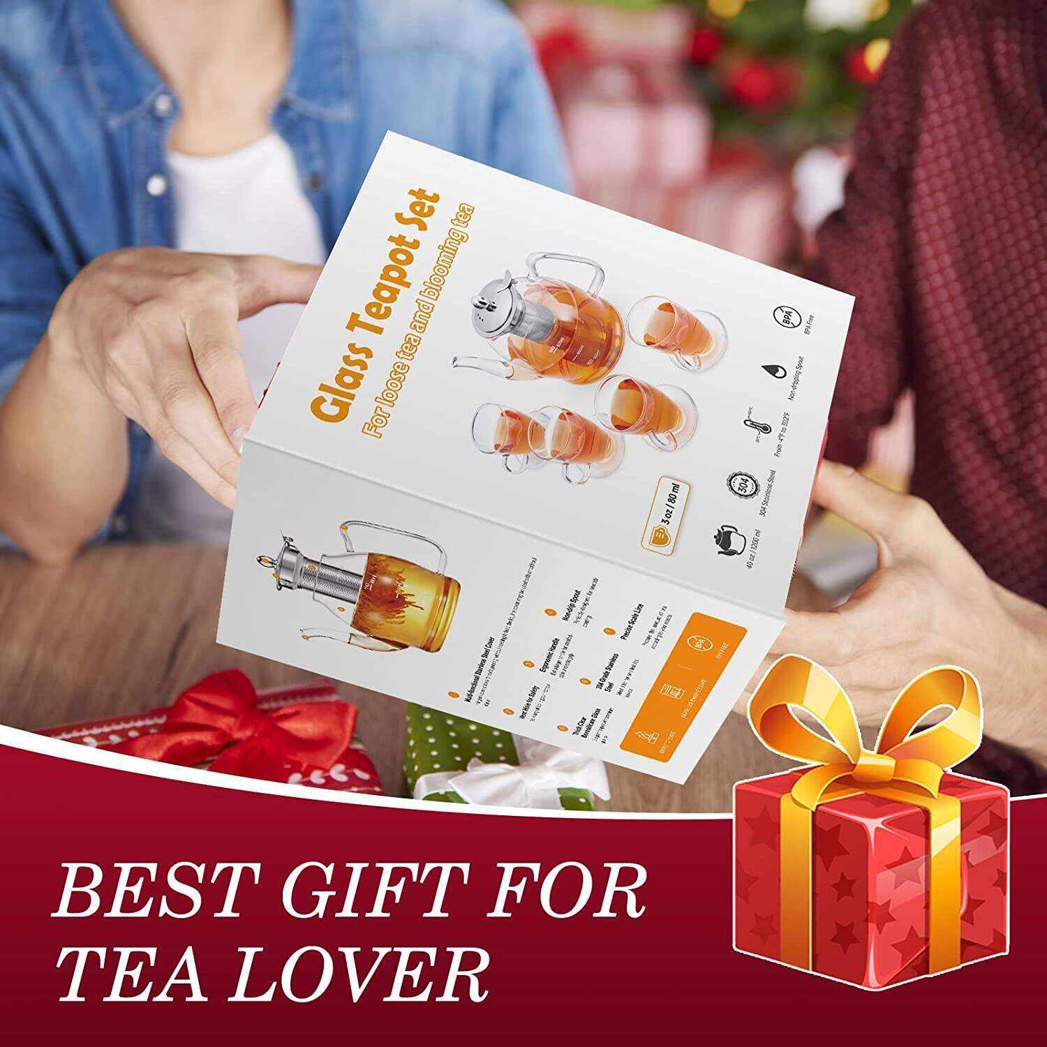 MINO ANT Tea Set ̈C 1200ml Glass Teapot with Removable Stainless Steel Infuser, and 4 Glass Teacups, Stovetop Safe Tea Kettle Gift Set, Blooming and Loose Leaf Tea Maker Set