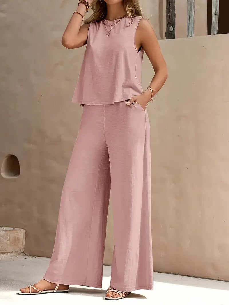 🔥Summer Arrivals🌟Women's Casual Crew Neck Top And Wide-leg Pants Set