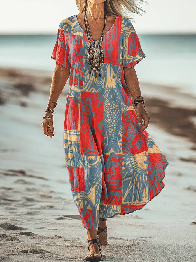 Women's Bohemian Ethnic Collage Art Print V Neck Short Sleeve Cotton Pocket Dress