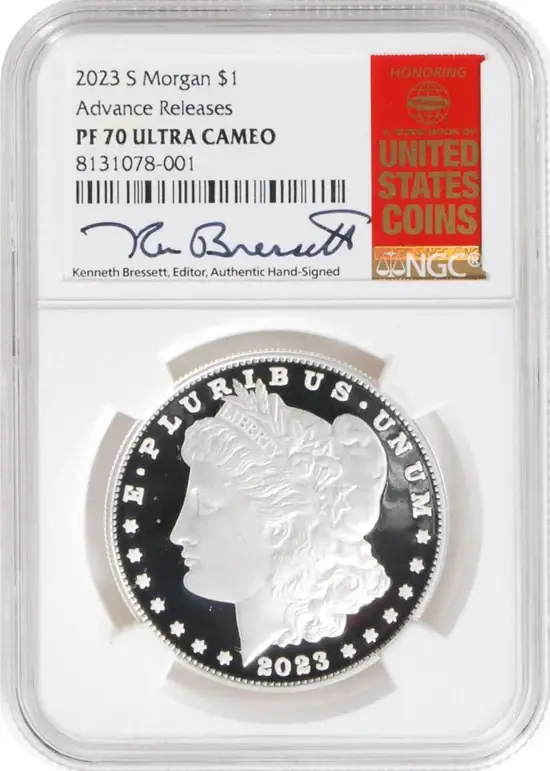 2023 6 PC Morgan and Peace Silver Dollars NGC MS70/PF70/ Reverse PF70 Advance Releases signed by Kenneth Bressett