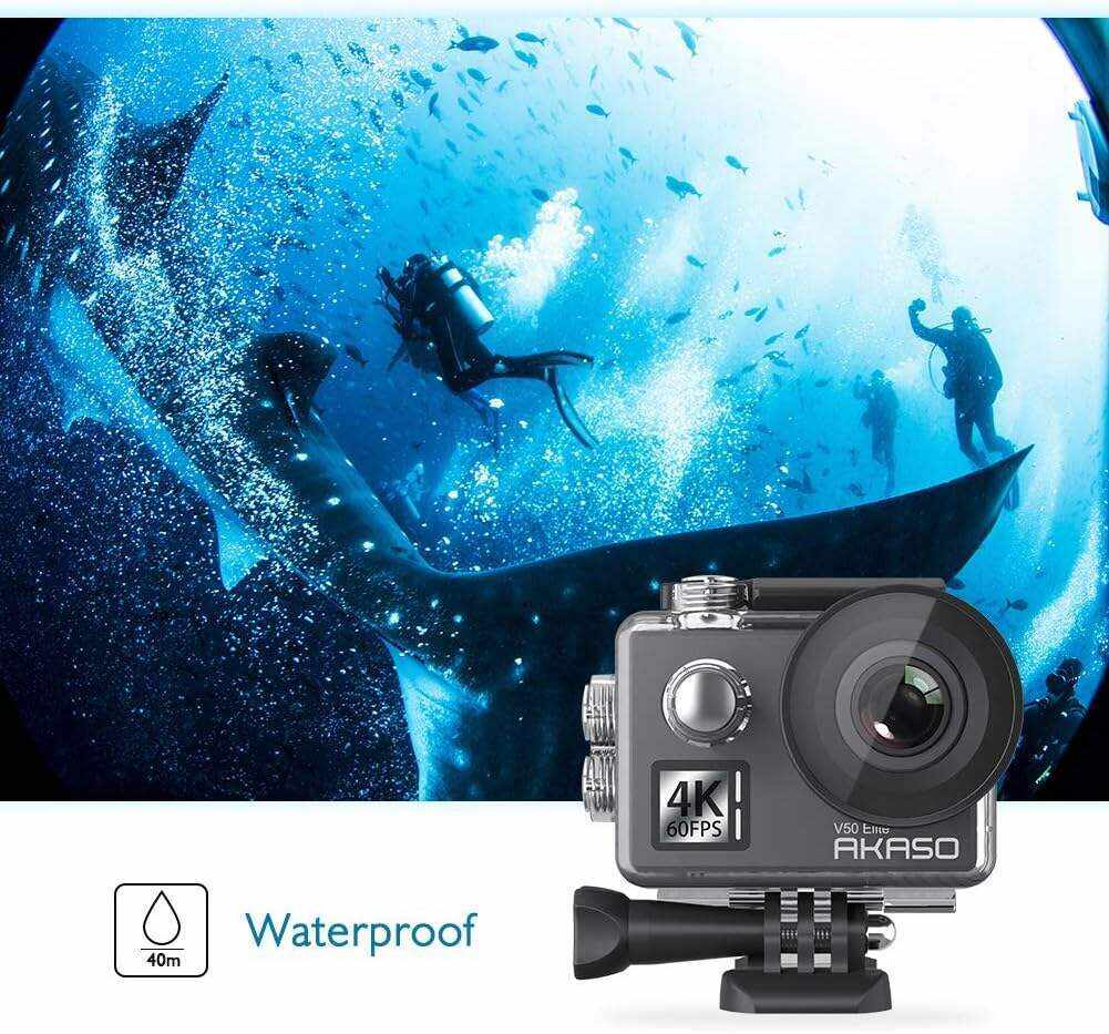 AKASO V50 Elite 4K60fps Touch Screen WiFi Action Camera Voice Control EIS 131 feet Waterproof Camera 8X Zoom Remote Control Supports External Mic Sports Camera with Helmet Accessories Kit