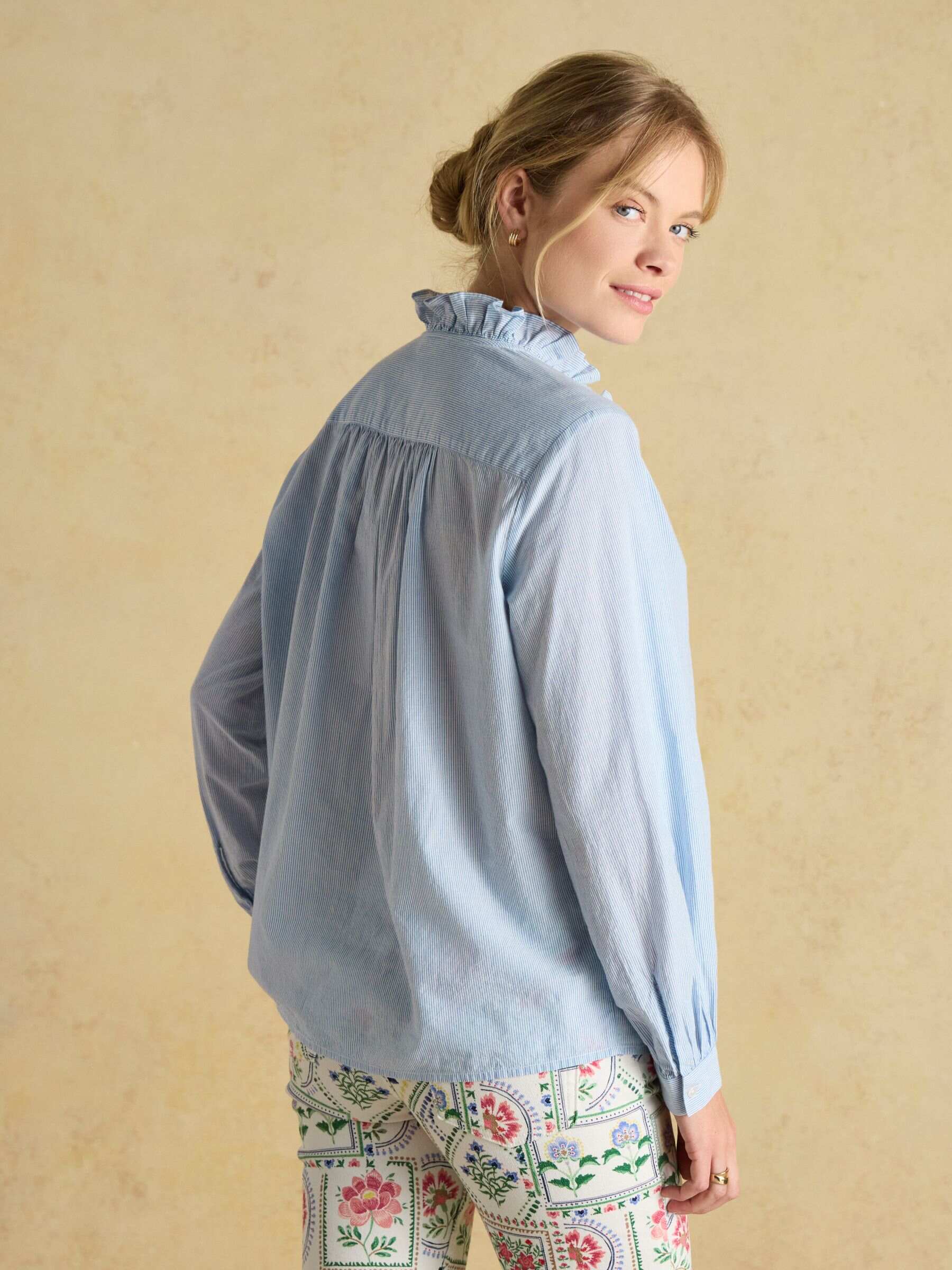 Melanie Blue/White Cotton Ruffle Blouse