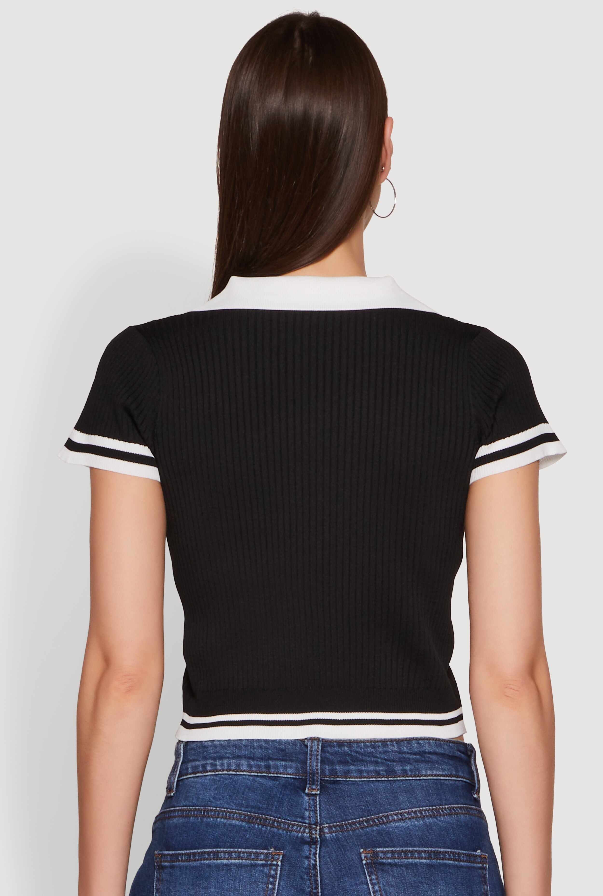 Ribbed Knit Varsity Stripe New York Cropped Polo Top