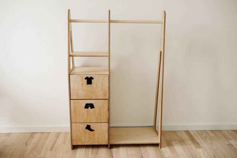 Children wardrobe Montessori clothing rack Wooden clothing rack Wood frame rack Toddler wardrobe Clothing rack with drawers Kids furniture