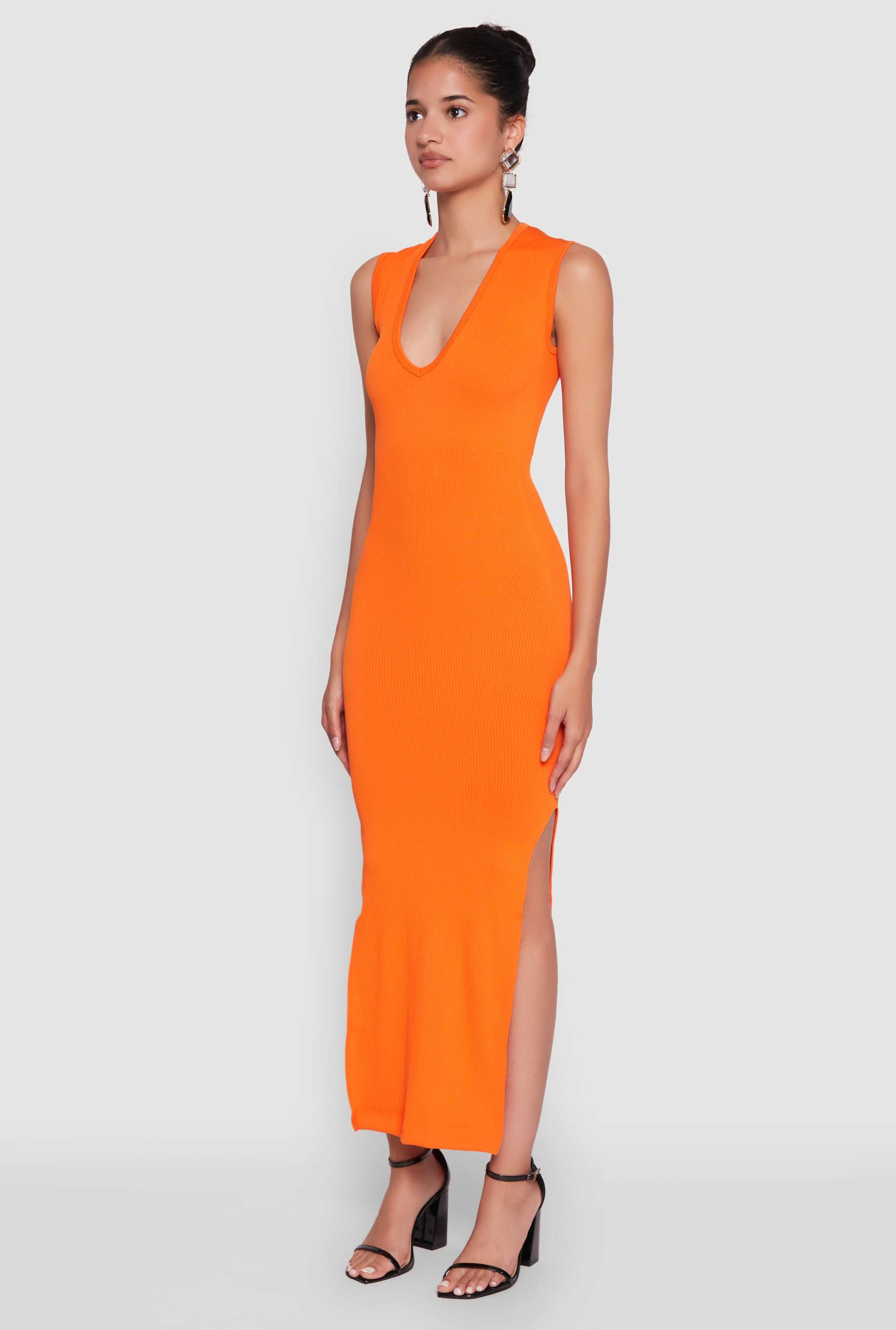 Trendy Rib Knit Plunge Neck Side Slit Maxi Dress