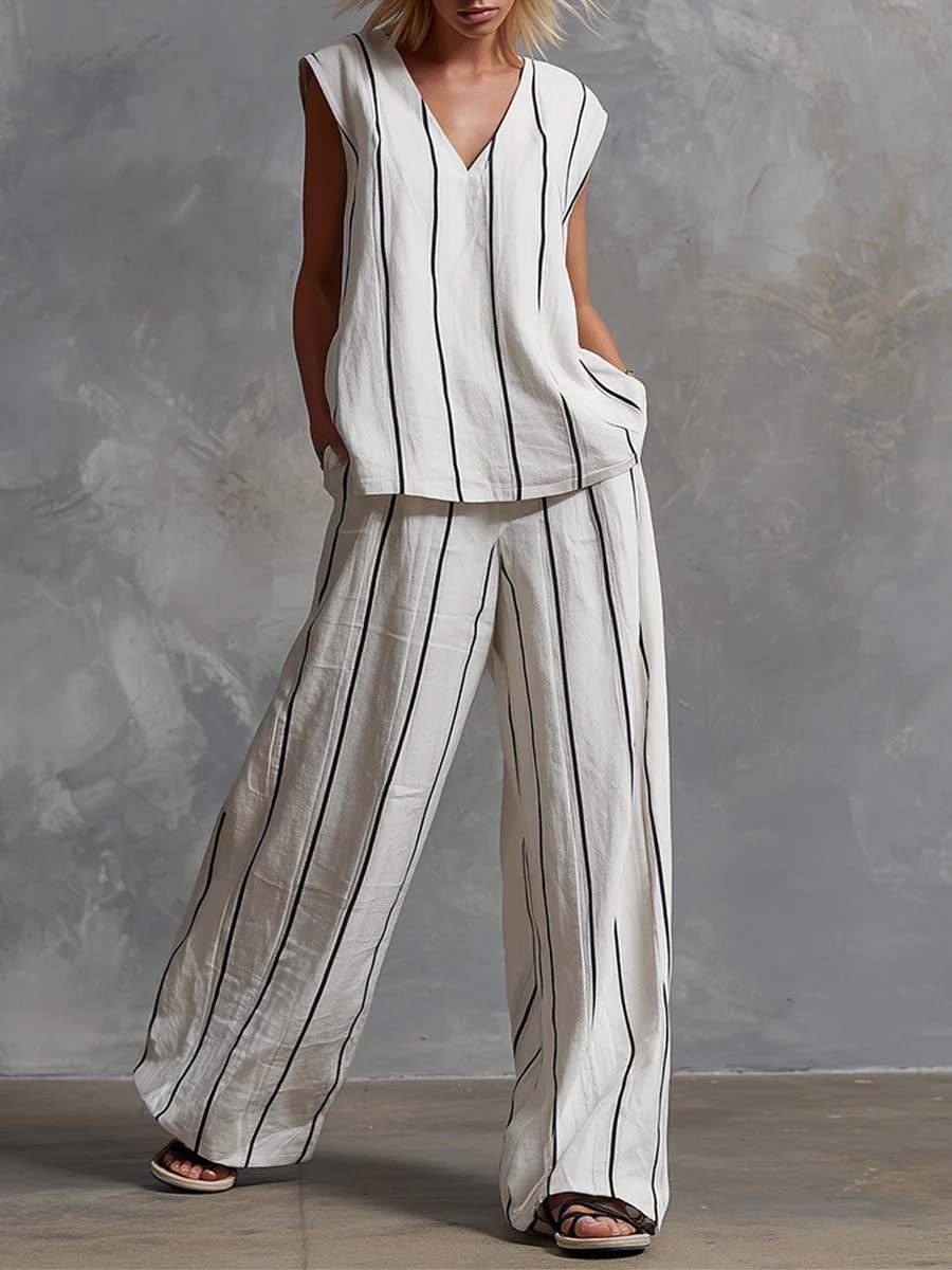 🔥Summer Arrivals🌟Women's V-neck Sleeveless Cotton Top High-waisted Casual Loose Cotton Wide-leg Pants Set