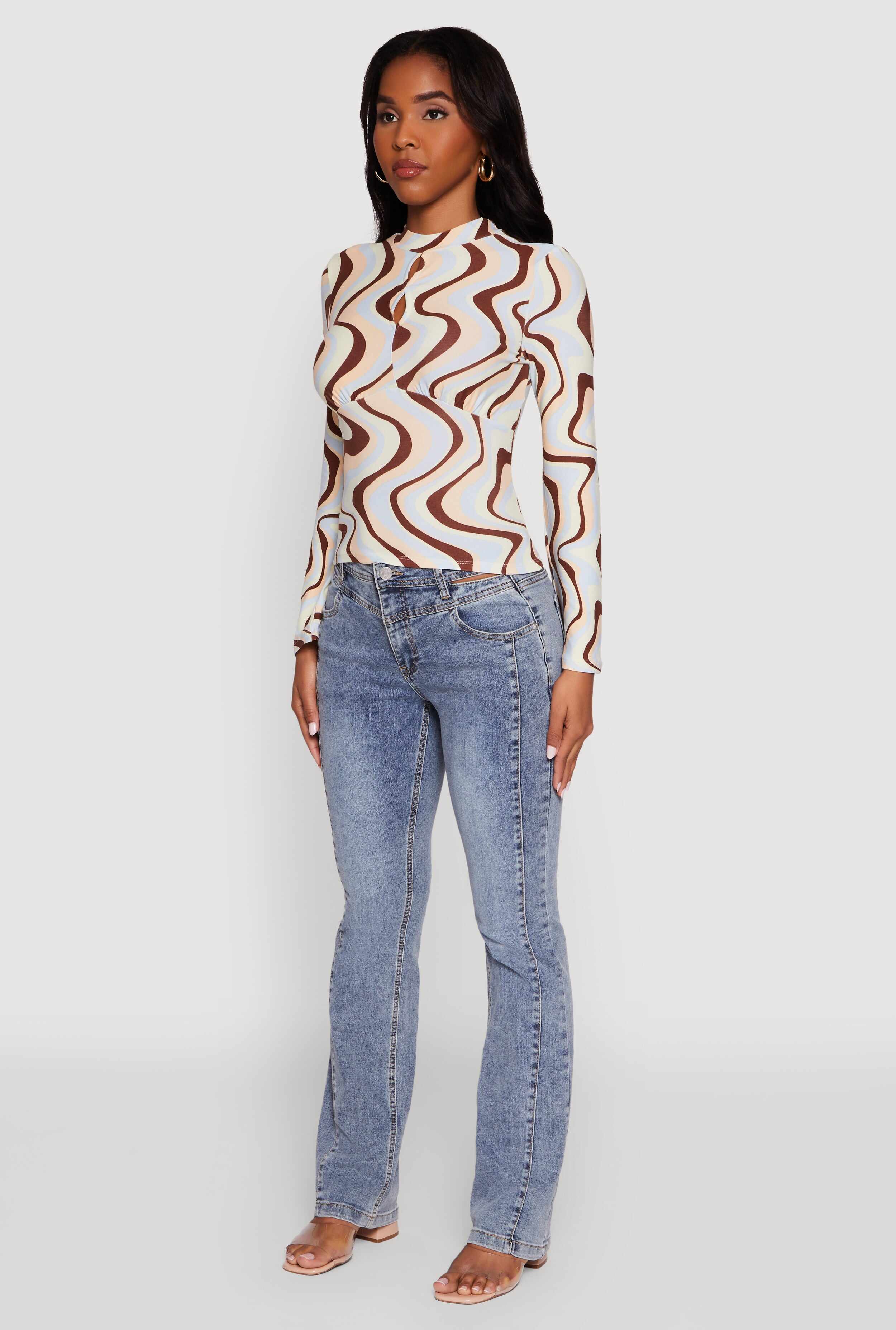 Wavy Print Mock Neck Keyhole Detail Blouse