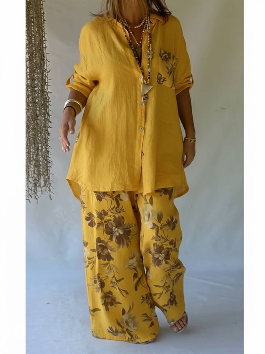 🔥Summer Arrivals🌟Casual Floral Print Linen And Cotton Shirt And Trousers Two-piece Set