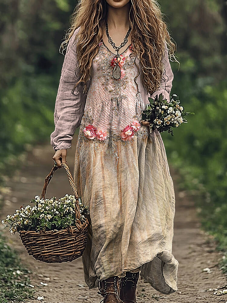 Vintage Floral Art Embroidered Linen Blend Casual Maxi Dress