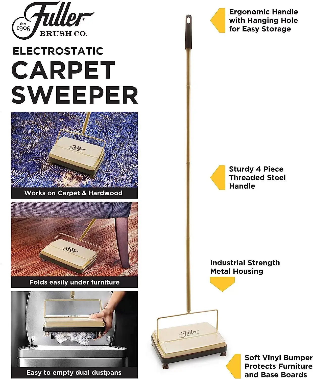 Fuller Brush 17027 Carpet & Floor Sweeper- Mini Stick Cleaner For Hardwood Surfaces, Wood Floors, Laminate, Tile- Small & Portable For The Home Or Office - Cleans Dust Pet Hair- Electrostatic & Silent