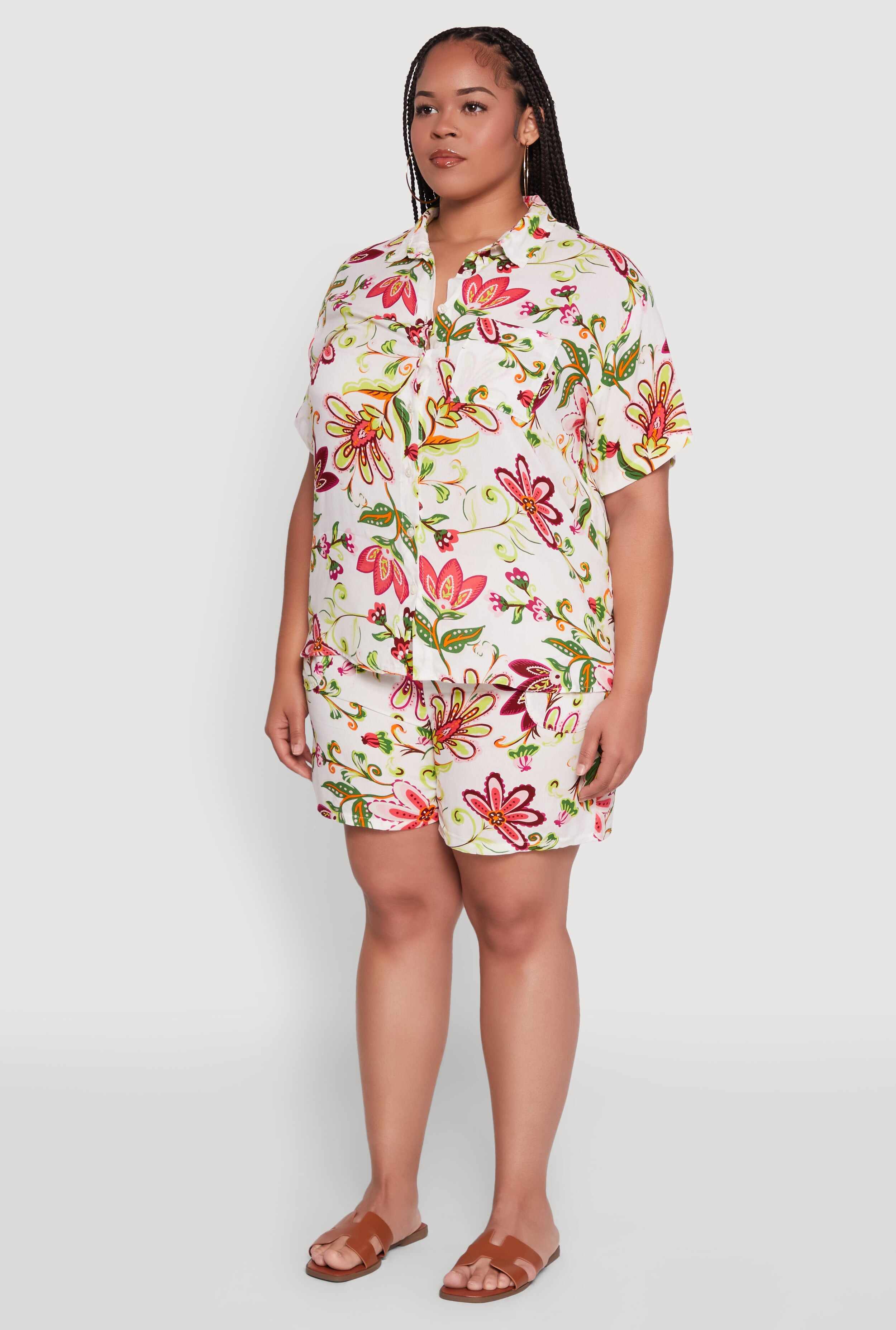 Plus Size Floral Print Button Front Shirt