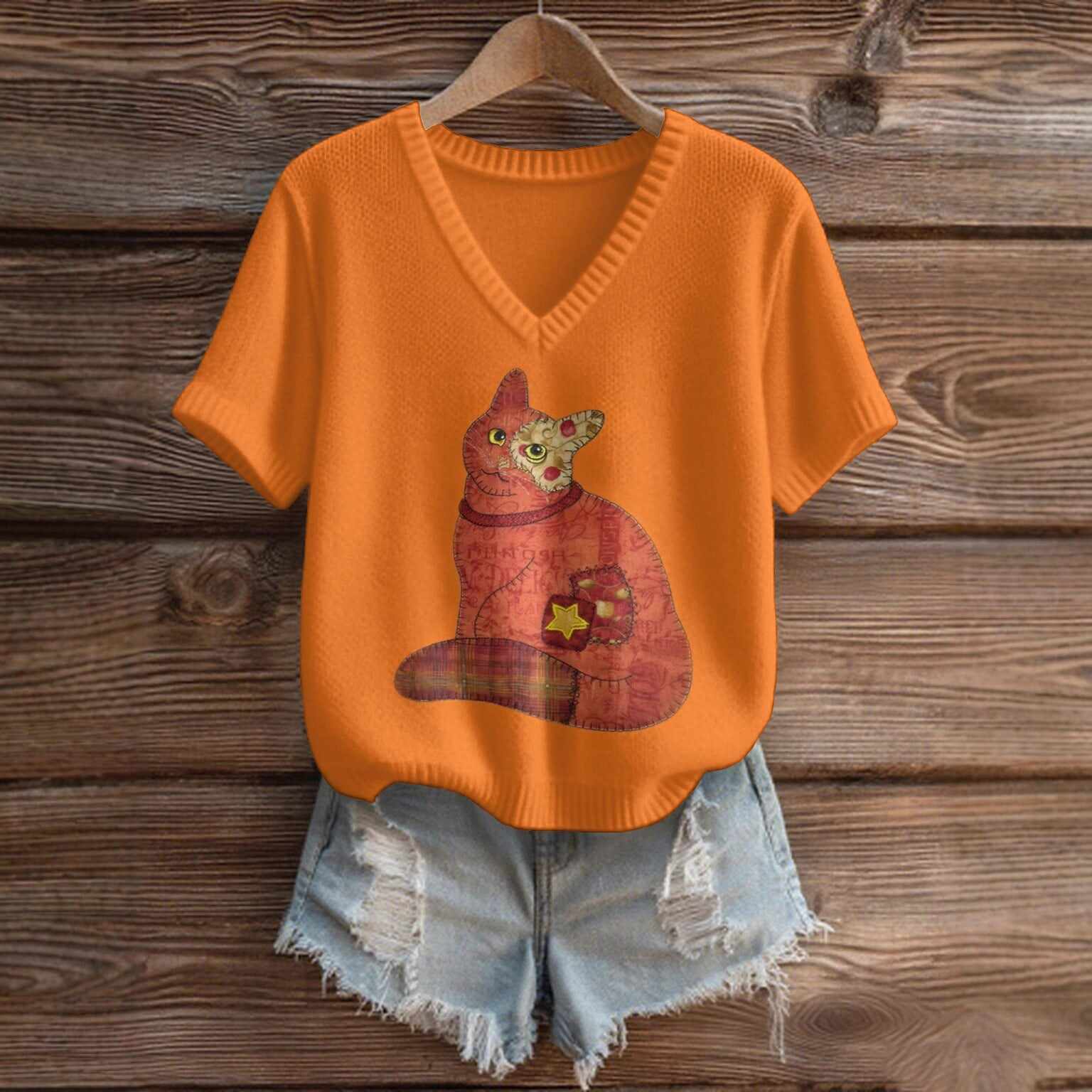 Imitation Sweaters Women's Clothing Short Sleeve V-neck Loose Top