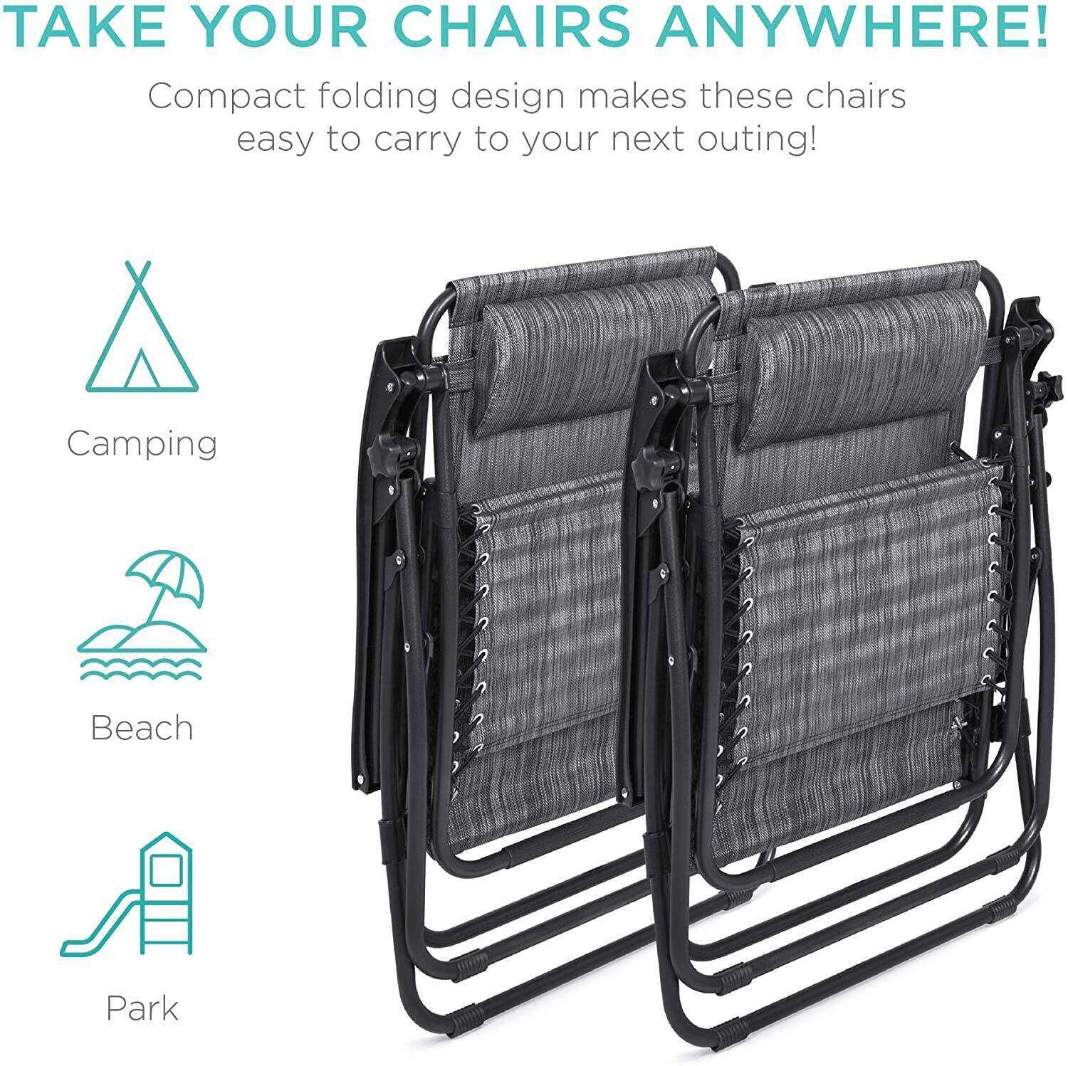 Set of 2 Adjustable Steel Mesh Zero Gravity Lounge Chair Recliners w/Pillows and Cup Holder Trays