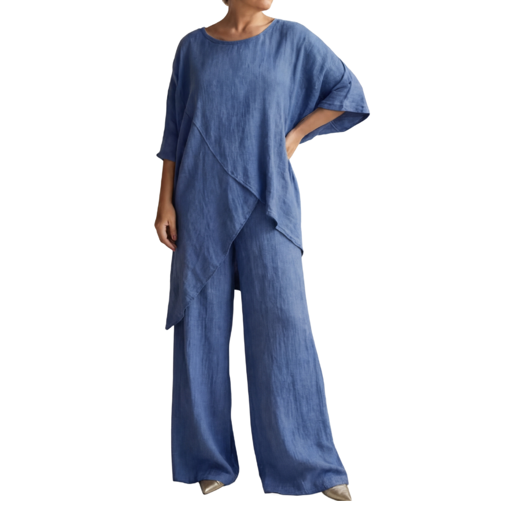 Women's Linen-Blend 2-Piece Outfit, Asymmetrical Layered Tunic Top + Wide Leg Pants