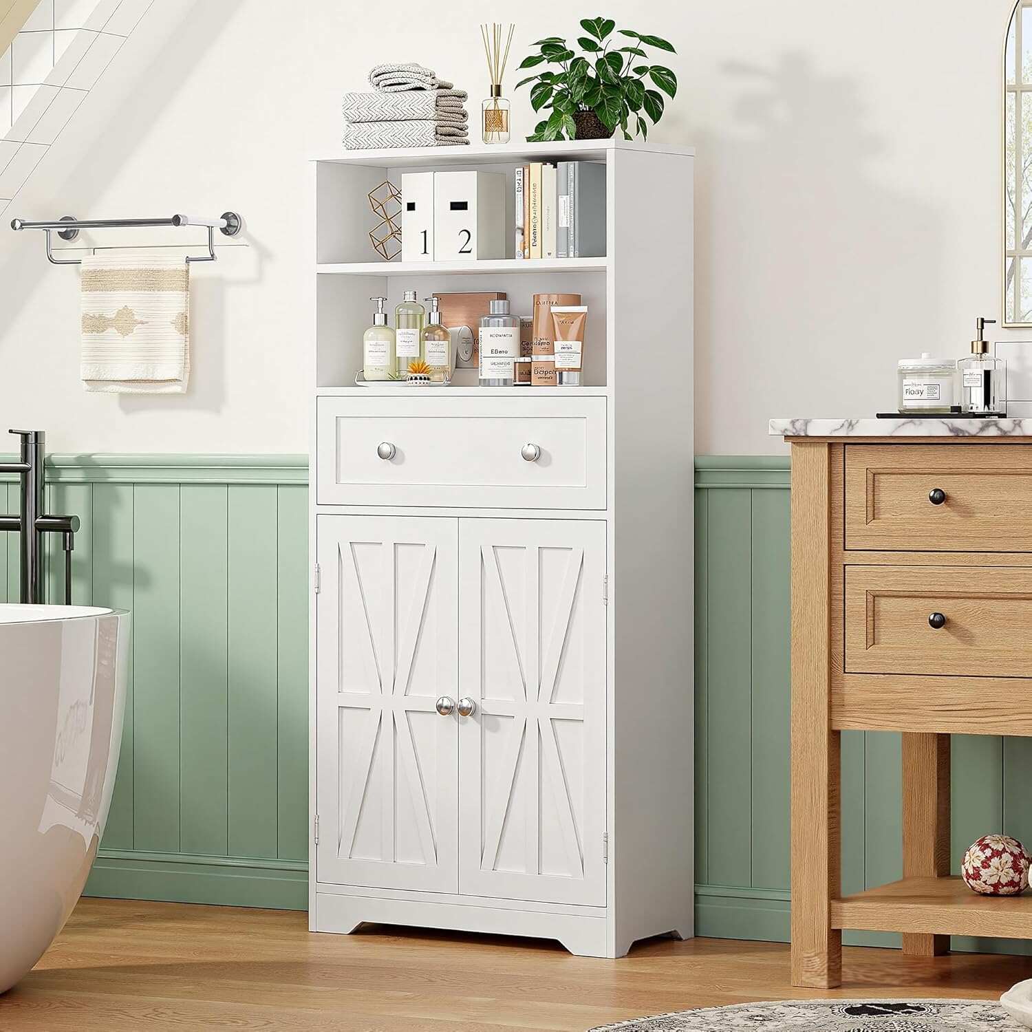 VECELO Bathroom Floor Cabinet, Freestanding Storage Cabinet with Drawer & Doors