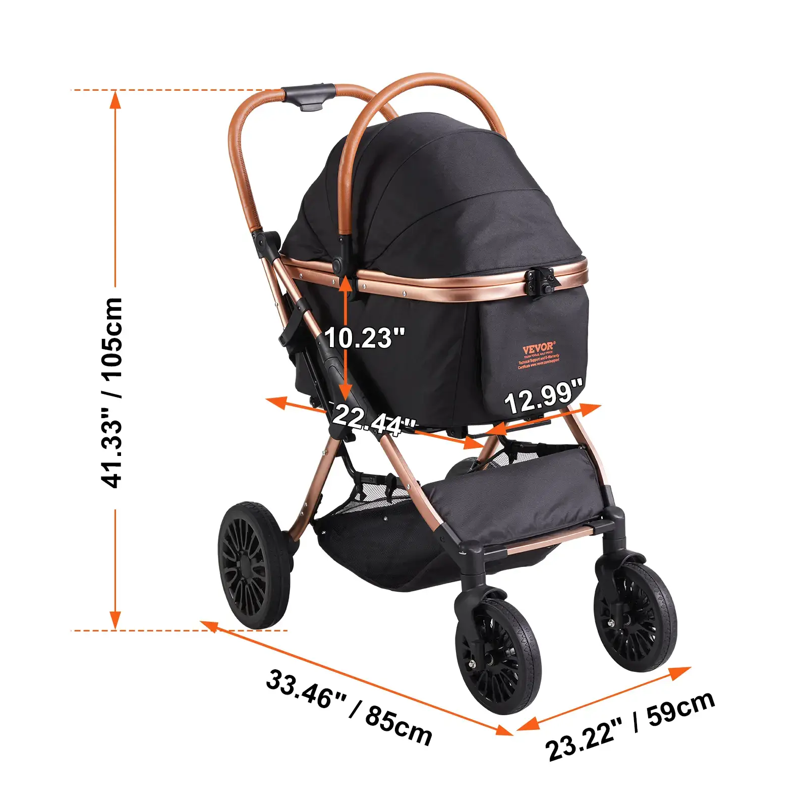 Pet Stroller,  4 Wheels Dog Stroller Rotate with Brakes, 66 lbs Weight Capacity, Puppy Stroller with Detachable Carrier, Storage Basket and Pet Pad, for Small to Medium Sized Dogs, Black