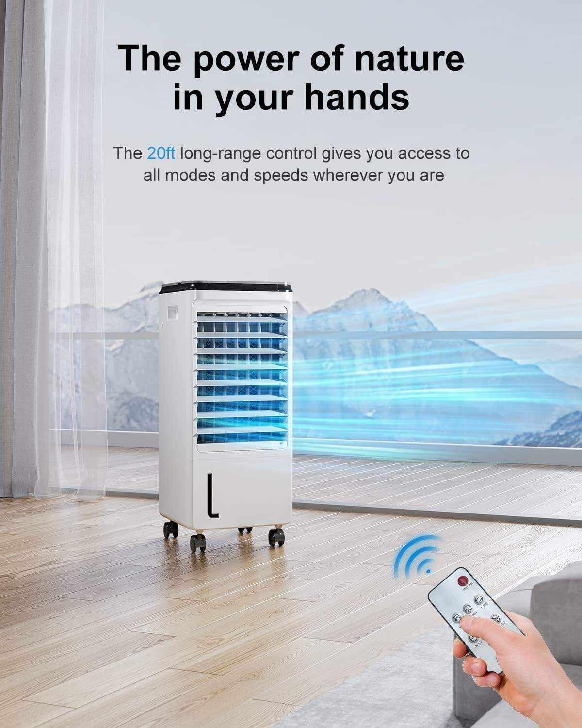 Cozzyben Air Conditioner Portable for Room, 3-IN-1 Evaporative Air Cooler, Windowless Ac Fan for Bedroom Indoor 1.85 Gal Water Tank, 3 Speeds, 80°Oscillation, Remote Control, 1-7H Timer & 4 Ice Pack