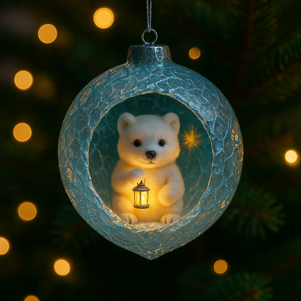 Ice-Cracked Glass Polar Bear Lantern Ornament