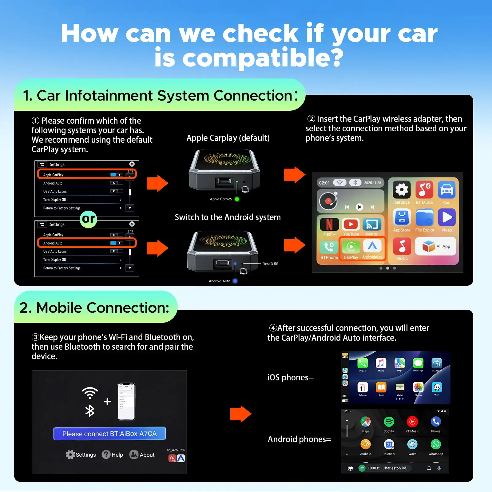 Wired CarPlay to Wireless Adapter with Built-in System, Compatible with Wired CarPlay Vehicles