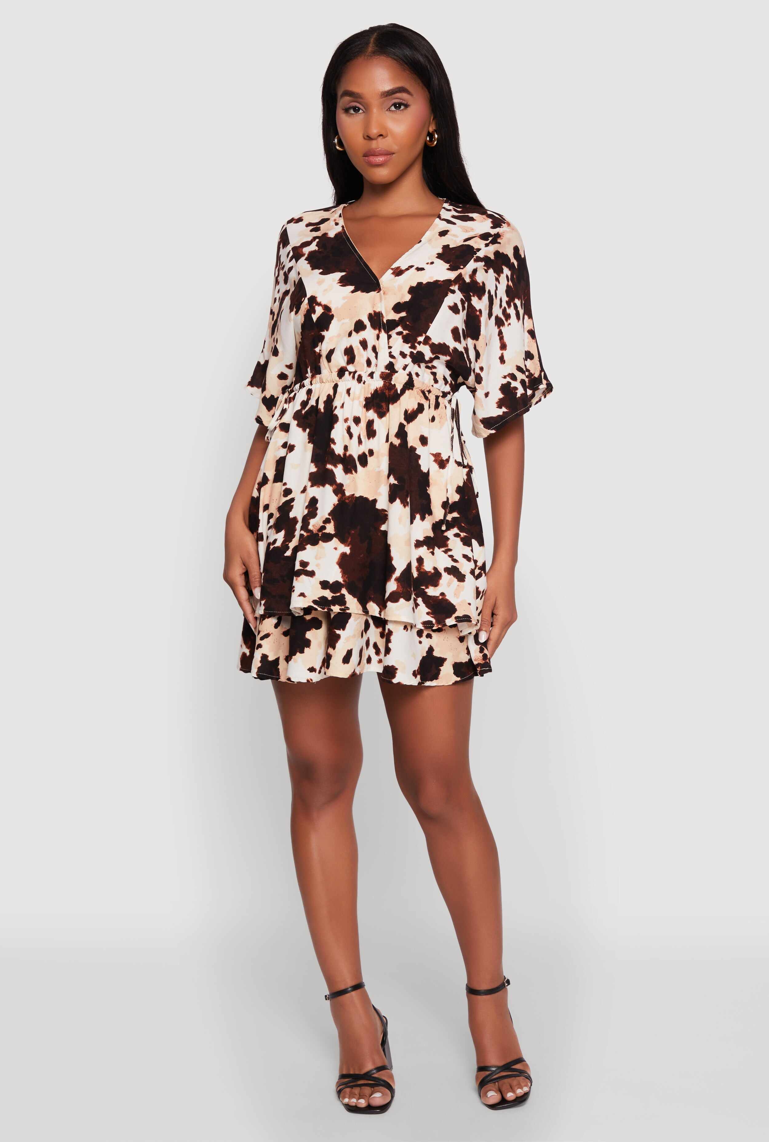 Trendy Printed Tiered Cinched Waist V-Neck Dress