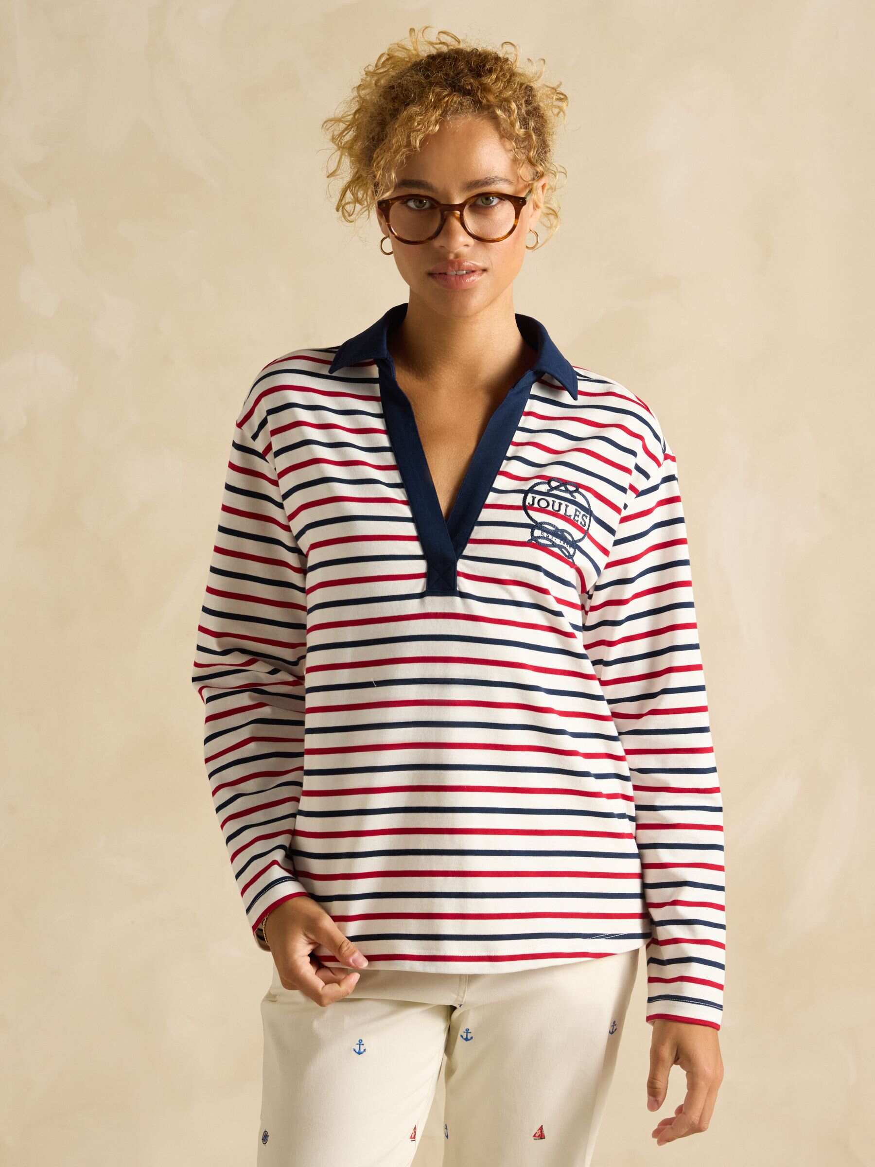 Tallie Navy & Red Stripe Long Sleeve Combed Cotton Collared Top