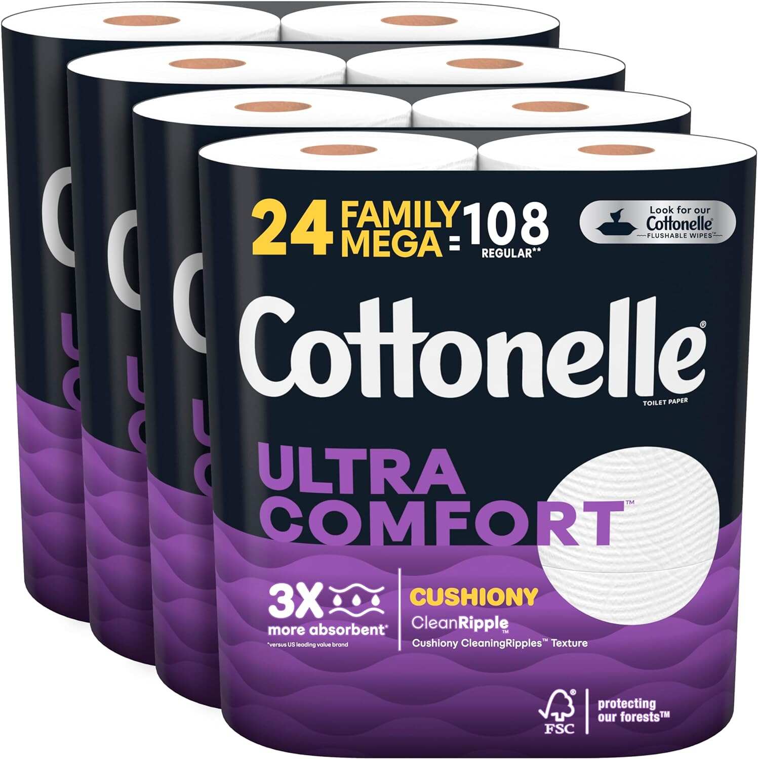 Cottonelle Ultra Comfort Toilet Paper with Cushiony CleaningRipples Texture, 24 Family Mega Rolls (24 Family Mega Rolls = 108 Regular Rolls) (4 Packs of 6), 325 Sheets per Roll, Packaging May Vary