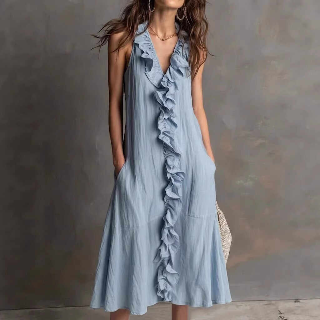 🌿 Ruffle V-Neck Sleeveless Midi Dress