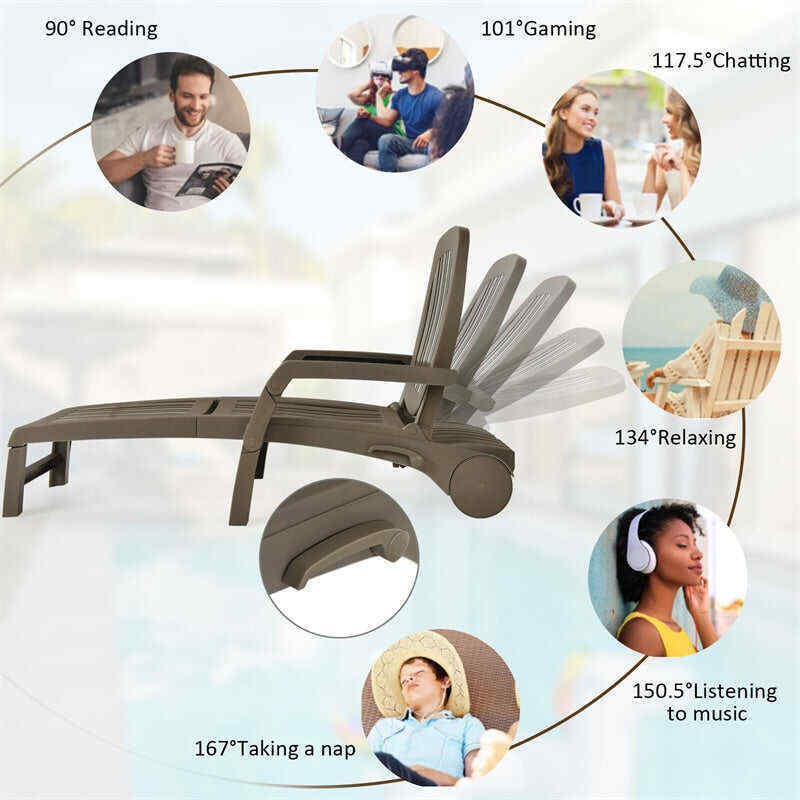 Outdoor Chaise Lounge Chair 6-Position Adjustable Patio Recliner with Wheels
