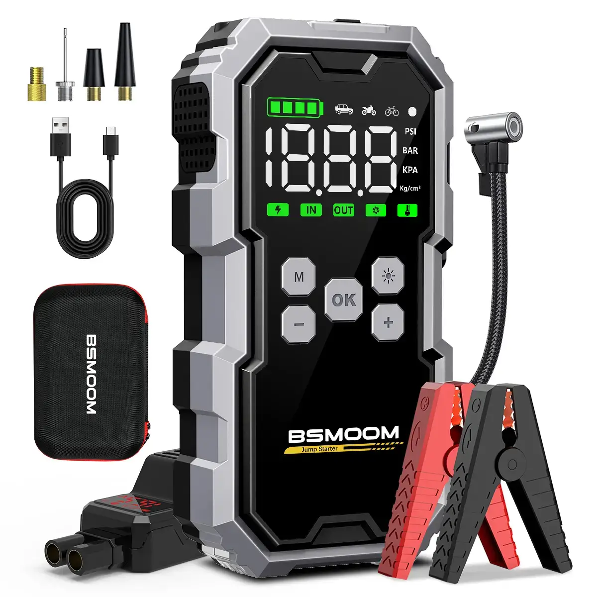 16800mAh  [5-in-1] Portable Car Jump Starter with Air Compressor(All Gas/10.0L Diesel),With Tireinflator, 12V AutoBoost BatteryCharger Jumper Box, Rapid Charger with LEDScreen Vehicle Automotive