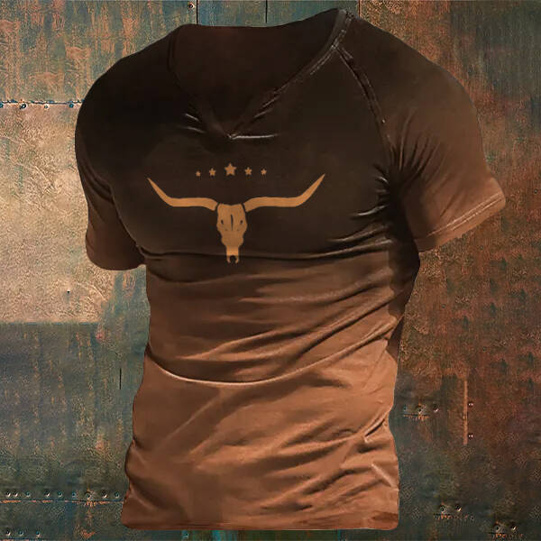 Western V Neck Gradient Bull Head Print T Shirt