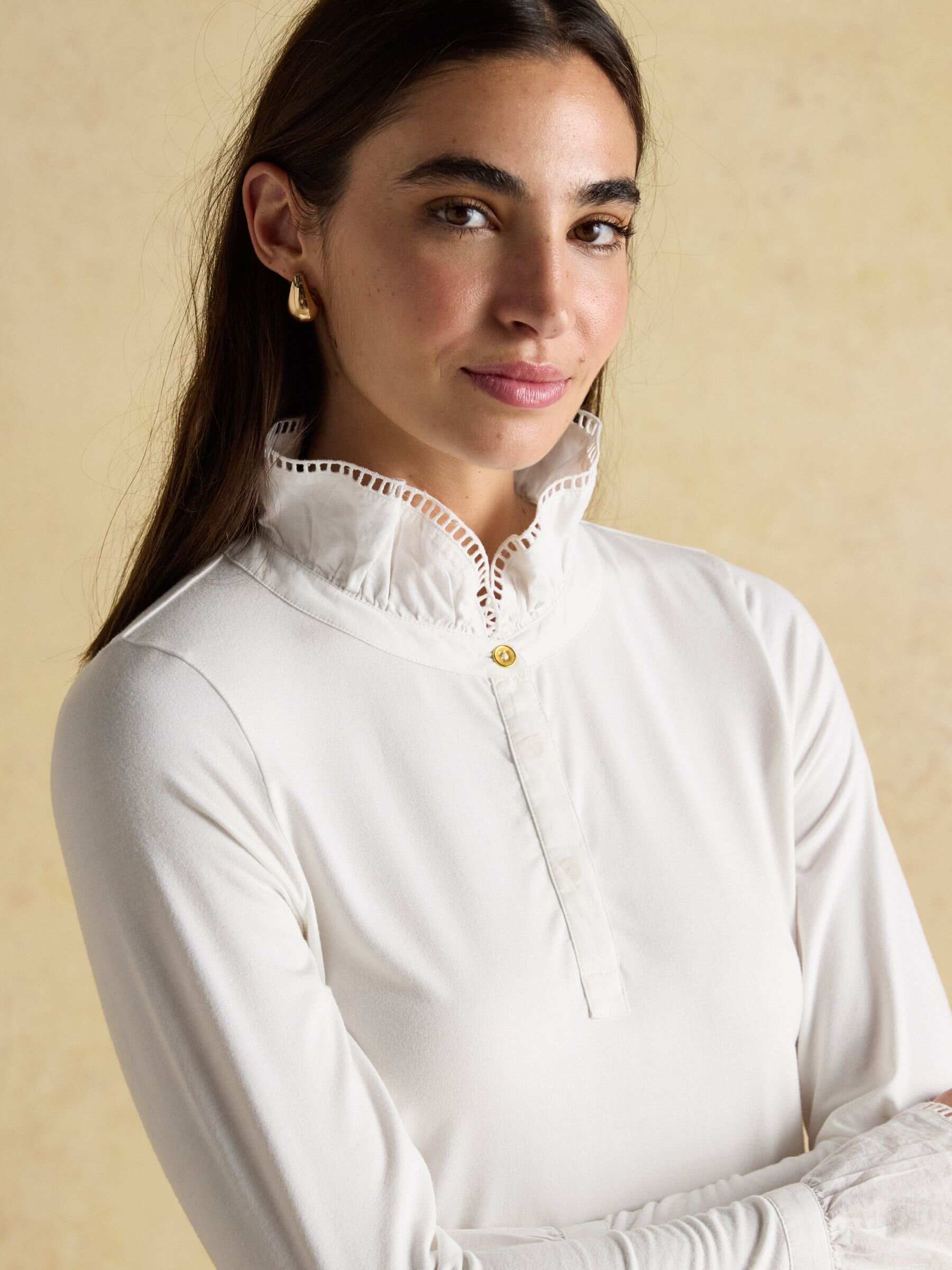 Kate White Long Sleeve Frilled Neck Top